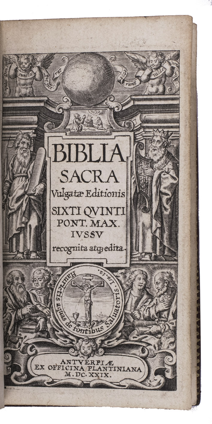 [BIBLE - LATIN - VULGATE]. - Biblia Sacra vulgatae editionis Sixti Quinti Pont. Max. jussu recognita atque edita.Including: Novum Jesu Christi Testamentum, vulgatae editiones, Sixti V. Pont, Max jussu recognitum atque edititum.Antwerp, Officina Plantiniana [= Balthasar I Moretus, grandson of Christoffel Plantin], 1629. 7 volumes bound as 9 (Old Testament I-VII & New Testament I-II). 24mo in 8s (11.5 x 7 cm). With a richly engraved general title-page, 6 volume title-pages (each with the same Plantin-Moretus woodcut compasses device), a smaller woodcut compasses device plus 3 (of 4) repeats (2 appear on the back of the colophon; each of the others on an otherwise blank leaf), woodcut tailpieces, woodcut decorated initials. Set in roman and italic types. The present copy with 3 extra letterpress divisional title-pages, perhaps specially printed for this copy when it was bound. Uniform gold-tooled goatskin morocco (ca. 1700), sewn on 4 supports, richly gold-tooled spines, gold-tooled turn-ins and board edges. Seven volumes with the ca. 1711 engraved armorial bookplate of Jean Le Normand (1662-1733), Bishop of Evreau, and probably bound for him (his bookplate probably removed from volumes II and III as bound).