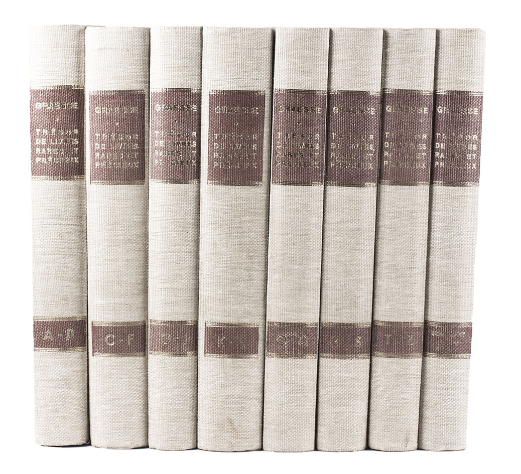 GRAESSE, Jean George Thodore. - Trsor de livres rares et prcieux ou nouveau dictionnaire bibliographique Milan, G.G. Grlich, 1950. 8 volumes, incl. supplement. Folio. Cloth.
