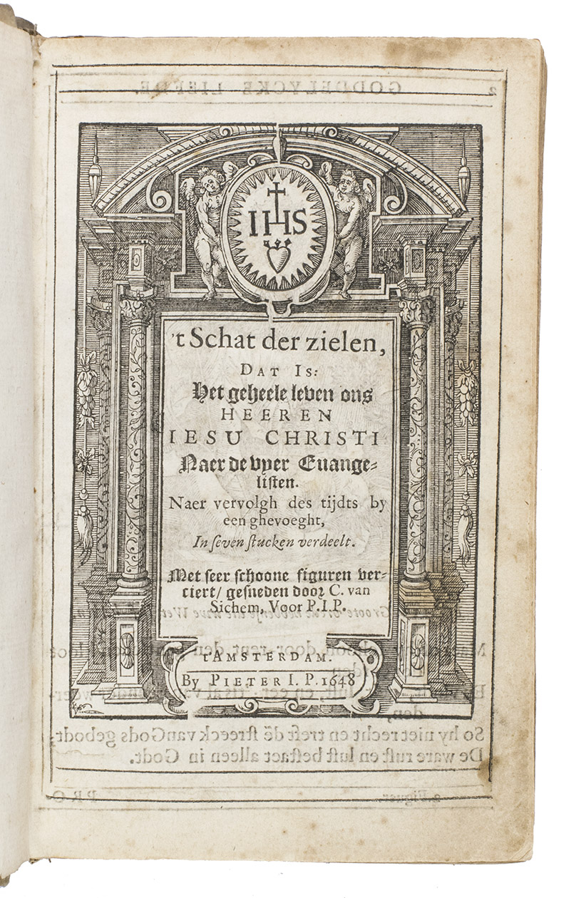 SICHEM, Christoffel II van. - 't Schat der zielen, dat is: Het geheele leven ons Heeren Jesu Christi naer de vyer Evangelisten. Naer vervolgh des tijdts by een ghevoeght, in seven stucken verdeelt. Met seer schoon figuren verciert, gesneden door C. van Sichem, voor P. J. P[aets].Amsterdam, Pieter J[acobsz]. P[aets], 1648. With 686 woodcuts, many full-page, by Christoph van Sichem (many with his monogram), after his own designs and after drawings and paintings by Aldegrever, Goltzius, Drer, Bloemaert, the Wierix brothers, Lucas van Leyden, Maarten van Heemskerck, Joannes Stradanus, etc. 17th-century vellum, manuscript title on smooth spine.