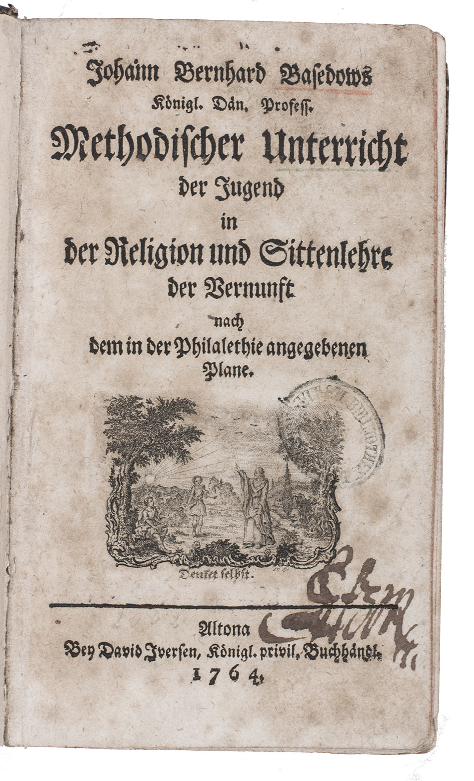 BASEDOW, Johann Bernhard. - Methodischer Unterricht der Jugend in der Religion und Sittenlehre der Vernunft nach dem in der Philalethie angegebenen Plane.Altona, David Iversen, 1764.With: (2) BASEDOW, Johann Bernhard. Methodischer Unterricht in der berzeugenden Erkenntniss der biblischen Religion, zur vorgesetzten Ausfhrung des in der Philalethie angegebenen Plans.Altona, David Iversen, 1764. 2 works in 1 volume. 8vo. With an engraved illustration on both title-pages (not identical) and some woodcut initials, head- and tailpieces. Slightly later brown pastepaper boards, with title-label on spine, red sprinkled edges.