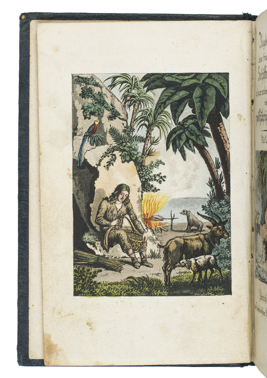 [MALLS DE BEAULIEU, Jeanne-Sophie]. - Begebenheiten eines franzsischen Schiffsjungen auf einer unbewohntern Insel, oder der zwlfjhrige Robinson.Zrich & Leipzig, Trachslerschen Buch- u. Kunsthandlung, [1824]. Small 8vo. With an illustrated engraved title-page, engraved frontispiece and 4 engraved plates, all aquatints which are richly and beautifully coloured by hand. Contemporary green cloth, gold-tooled spine.