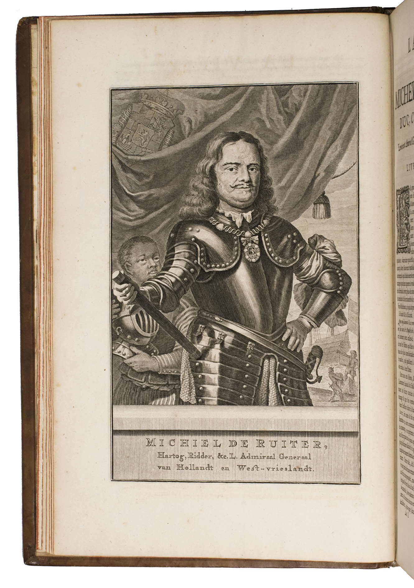 BRANDT, Geeraert. - La vie de Michel de Ruiter duc, chevalier, lieutenant amiral gnral de Hollande & de Oest-Frise. O est comprise l'histoire maritime des Provinces Unies, depuis l'an 1652. jusques  1676. Traduite du hollandois ...Amsterdam, Pieter and Joan Blaeu for Waesberge, Boom, Van Someren and Goethals, 1698. Folio. With engraved frontispiece, full-page engraved portrait, 7 double-page engraved plates by Bastiaen Stoopendaal, and 1 full-page engraved plate by J. Mulder. Early 18th-century calf, gold-tooled board edges.