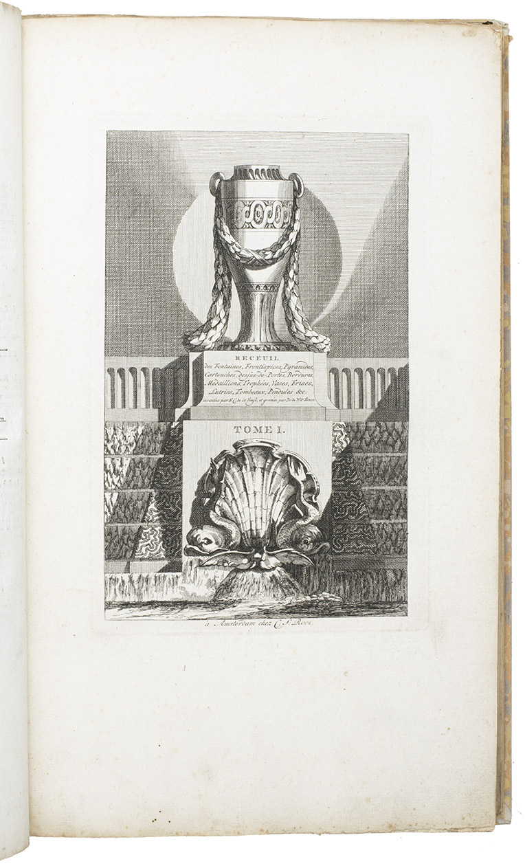 FOSSE, Jean Charles de la (DELAFOSSE). - Nouvelle iconologie historique, ou Attributs hieroglyphiques, compes & arranges de maniere qu' ils peuvent servir  toutes sortes de dcoration, ...puisqu'on est le maitre de les appliquer egalement  des fontaines, pyramides, chemines, dessus de portes, bordures, medaillons, trophes, vases, frises, tombeaux, pendules, etc. = Nieuwe historische beeldspraak, of hieroglyphische merkbeelden, betreklyk op verscheide natien, hunne geschiedenissen en godsdiensten, gelyk ook op verschillende zaaken, tot de wysbegeerte, fabel- en dichtkunde behoorende: alles in die orde geschikt, dat men dezelve kan gebruiken tot bouwkunstige vercierzelen, fontynen, pronknaalden en schoorsteenen, ornamenten, medaillons, trophen, vazen, tombes, pendules, enz.Amsterdam, C.S. Roos; A. Fokke, [ca. 1780]. 2 volumes bound as 1. Folio. With 2 finely engraved allegorical part-titles and 103 engraved plates with allegorical ornaments, devices and attributes by J. de Witt Jansz.. 20th-century half parchment, marbled sides (Turkish spot pattern).