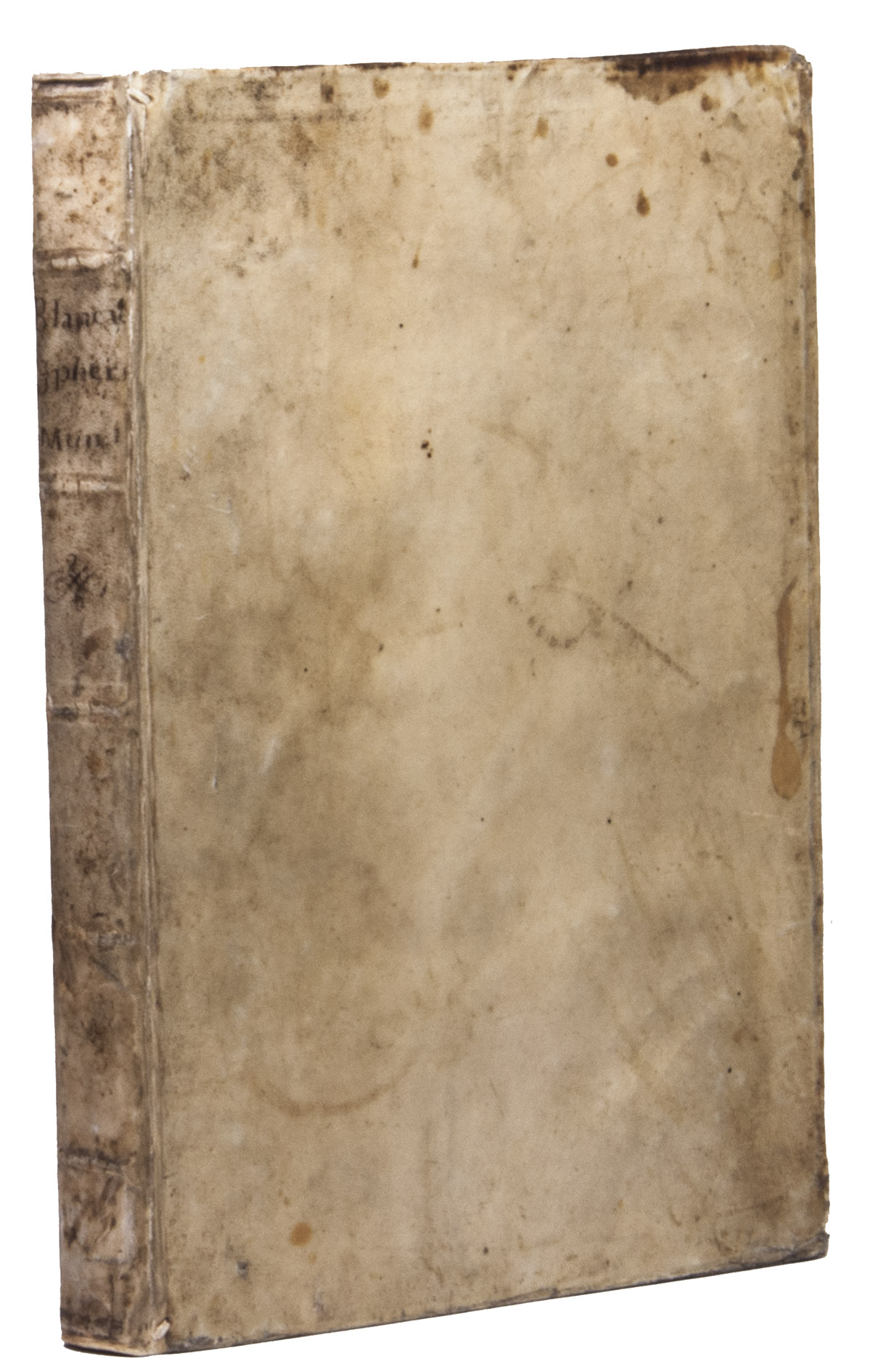 BIANCANI, Giuseppe. - Sphaera mundi, seu cosmographia demonstrativa, ac facili methodo tradita: in qua totius mundi fabrica, una cum novis, Tychonis, Kepleri, Galilaei, aliorumq[ue] astronomorum adinventis continetur.Modena, Andrea & Girolamo Cassiani, 1653. With a large folding diagram, a woodcut diagram on an inserted half-page slip, numerous woodcut diagrams and other illustrations in text, letterpress tables.With: (2) BIANCANI, Giuseppe. Constructio instrumenti ad horologia solaria describenda peropportuni. ... Opus posthumum. Modena, Andrea Cassiani, 1654. With a woodcut astronomical dial on the title-page, 18 numbered engraved figures printed from 12 copper plates and a large folding letterpress table. 2 works in 1 volume. Folio. Contemporary sheepskin parchment, rebacked.