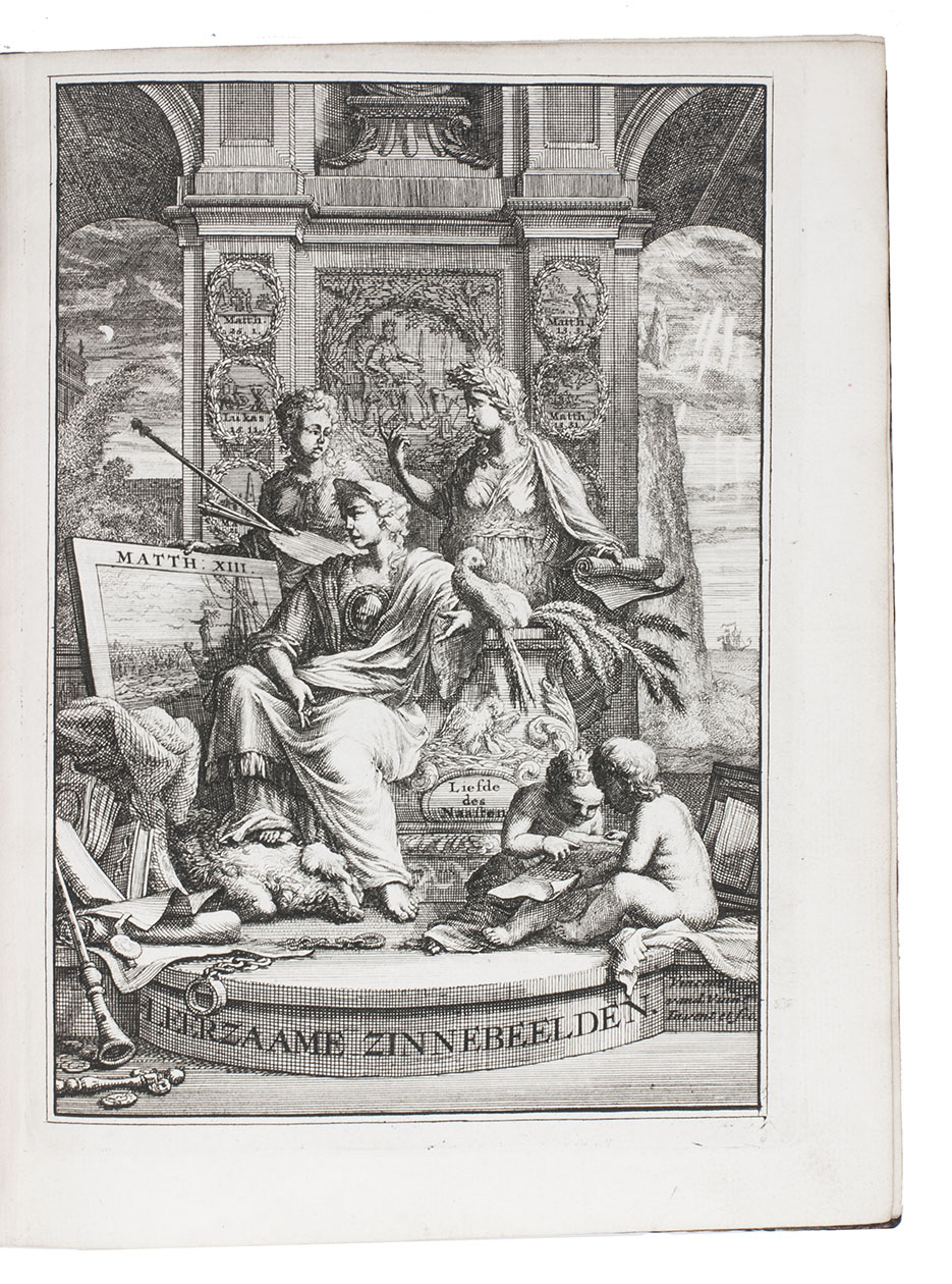 SPINNIKER, Adriaan. - Leerzaame zinnebeelden, ... Tweede druk.Haarlem, Jan Bosch, 1757. With engraved frontispiece and 50 beautifully engraved emblems in text. With: (2) SPINNIKER, Adriaan. Vervolg der Leerzaame zinnenbeelden, Spiegel der boetvaardigheid en genade en eenige stichtelyke gezangen.Haarlem, Jan Bosch, 1758. With same engraved frontispiece (with revisions), 30 engraved emblems in text and 4 engraved emblems on plates with letterpress text. 2 volumes bound as 1. 4to. Contemporary gold-tooled, tanned sheepskin.
