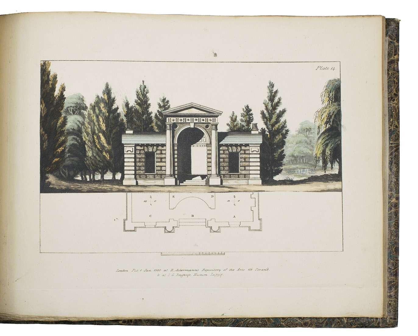 ROBERTSON, William. - Desseins d'architecture, reprsentans des siges de jardins, des portes de maisons de campagne, des entres de parcs, des volires, des temples, . . . London, printed by A. Dulau & Co. and Leonardo Nardini, and sold by Rudolph Ackermann there and J.G. Beygang in Leipzig, 1800. Oblong Imperial 4to (2838 cm). With 24 numbered aquatint plates, subtly coloured by hand. Contemporary half calf, gold-tooled spine.
