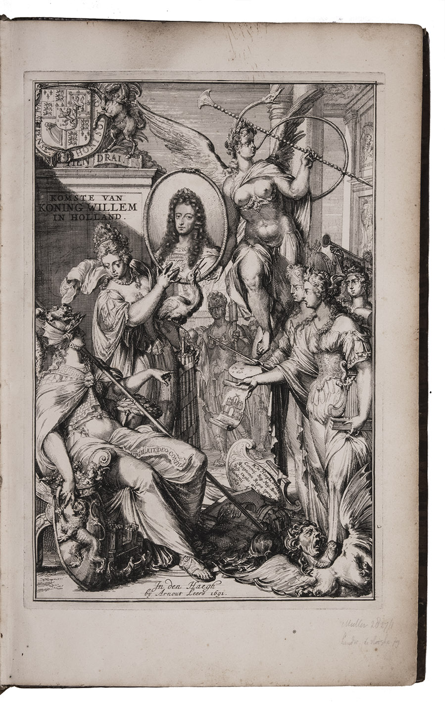 [BIDLOO, Govert and Romeyn de HOOGHE]. - Komste van Zyne Majesteit Willem III. Koning van Groot Britanje, enz. in Holland; ofte omstandelyke beschryving van alles, het welke op des zelfs komste en geduurende zyn verblyf, in 's Graavenhaage en elders, ten teeken van vreugde en eere, is opgerecht en voorgevallen.The Hague, Arnoud Leers, 1691. Folio. With an engraved title-page by Romeyn de Hooghe, a letterpress title-page with Leer's woodcut device, a portrait of King William III by Van Gunst and 14 engraved plates (11 double-page) by Romeyn de Hooghe, showing his triumphal entry into the Hague, the ceremonies, the triumphal arches, their paintings and sculptures, the nightly illumination of the town hall, the fireworks, etc. Further with an extra added engraved plate of King William's tomb by Daniel Marot. Contemporary calf, gold-tooled spine and board edges.