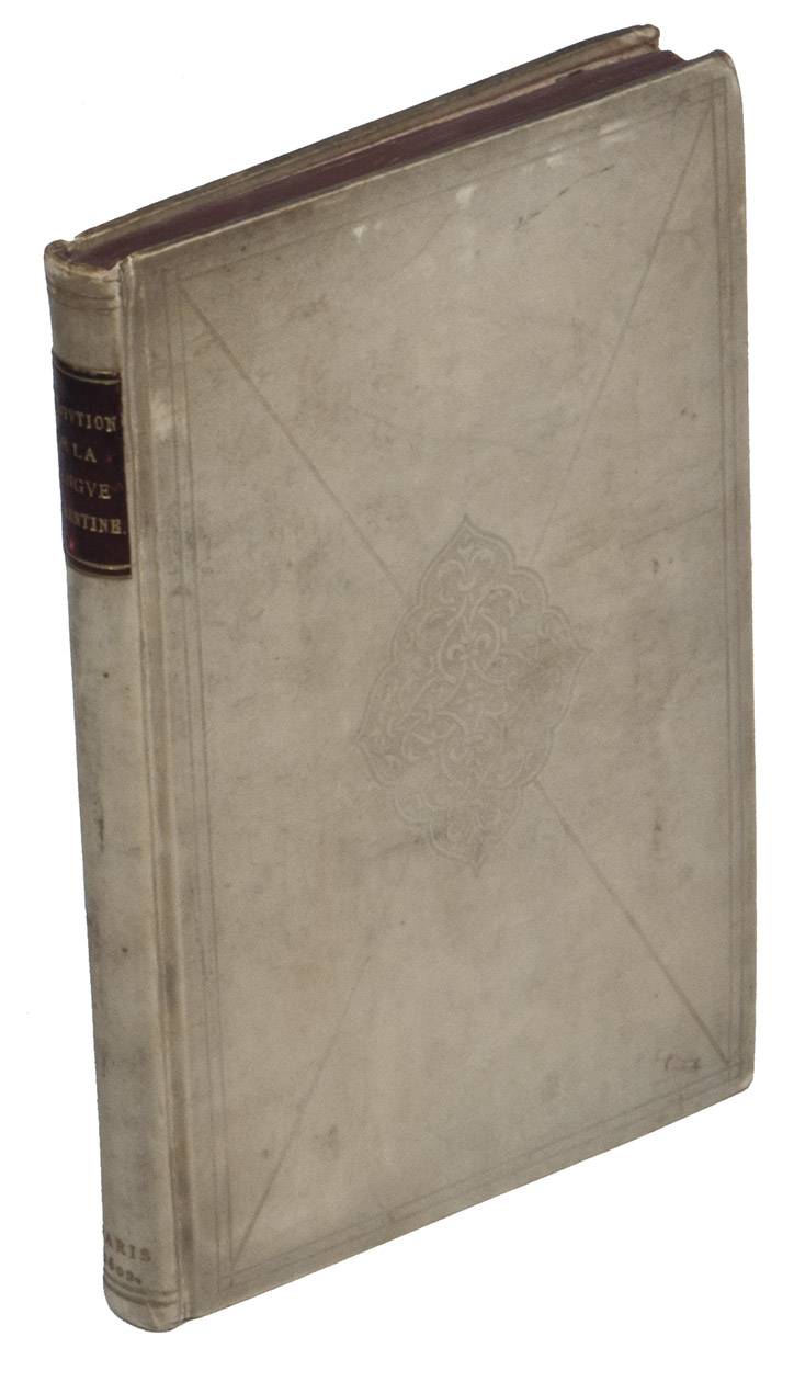 GUEDAN, Franois. - Institution de la langue Florentine et Toscane. Pour apprendre promptement, & facilement, la langue Italienne. Tant pour la lecture, prononciation & escriture d'icelle: que pour l'intelligence, composition, & traduction des livres Italiens en Franois, & des Franois en Italien.Paris, Jean Gesselin, 1602. Small 8vo. Modern blind-tooled vellum, each board with a central ornament, gold fillets on spine, red morocco spine-label, red edges.