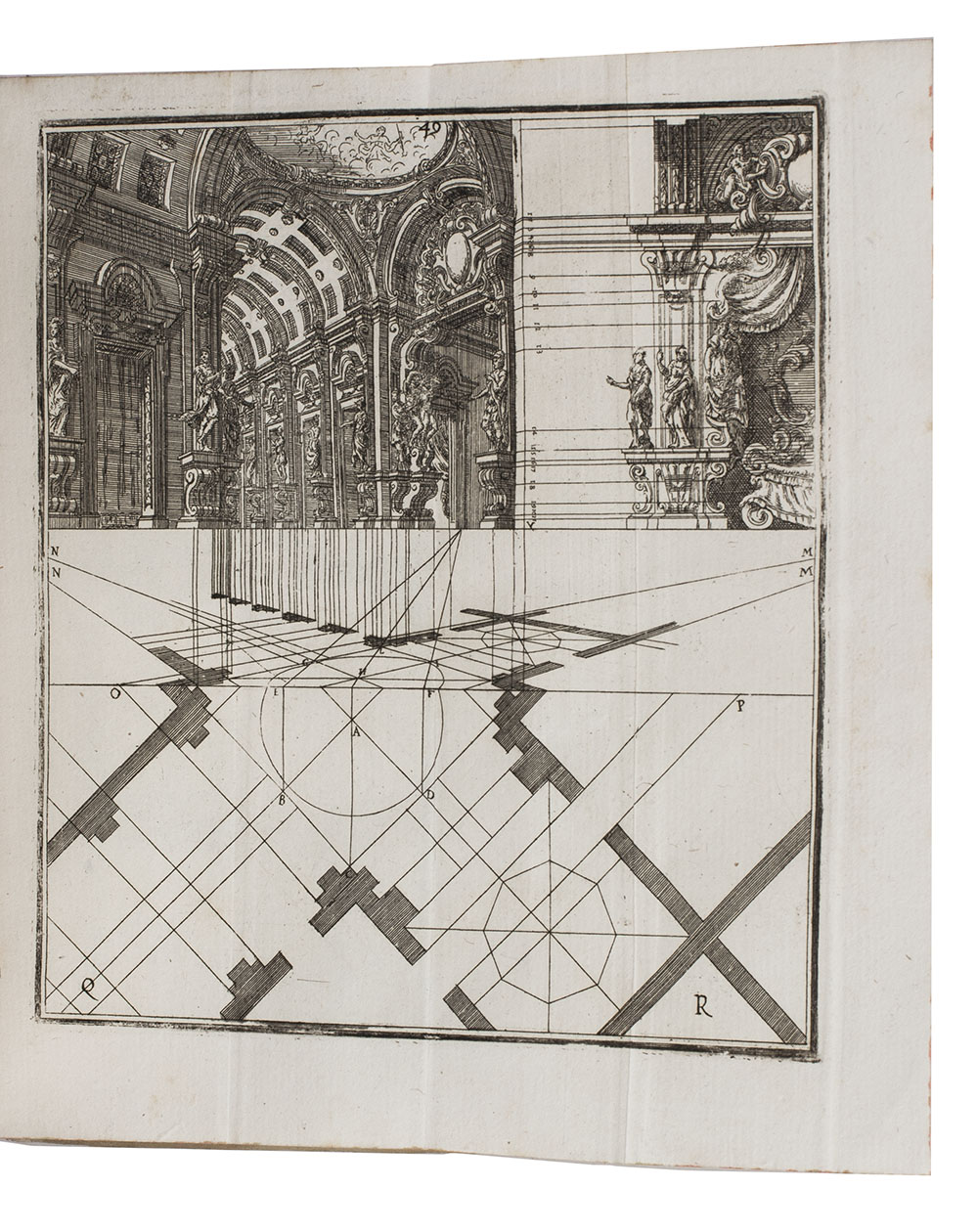 GALLI BIBIENA, Ferdinando. - Direzioni a' giovani studenti nel disegno dell' architettura civile, nell' academia clementina dell' instituto delle scienze ...Bologna, Lelio dalla Volpe, 1745 & 1732. 2 volumes. Small 8vo (17.5 x 10 cm). With 75 full-page engraved plates in the first volume, and 58 full-page engraved plates in the second volume, including 18 folding. Further with some woodcut decorated initials, and some tailpieces built up from typographical ornaments. Contemporary vellum, with the manuscript title on the spine, red spotted edges.