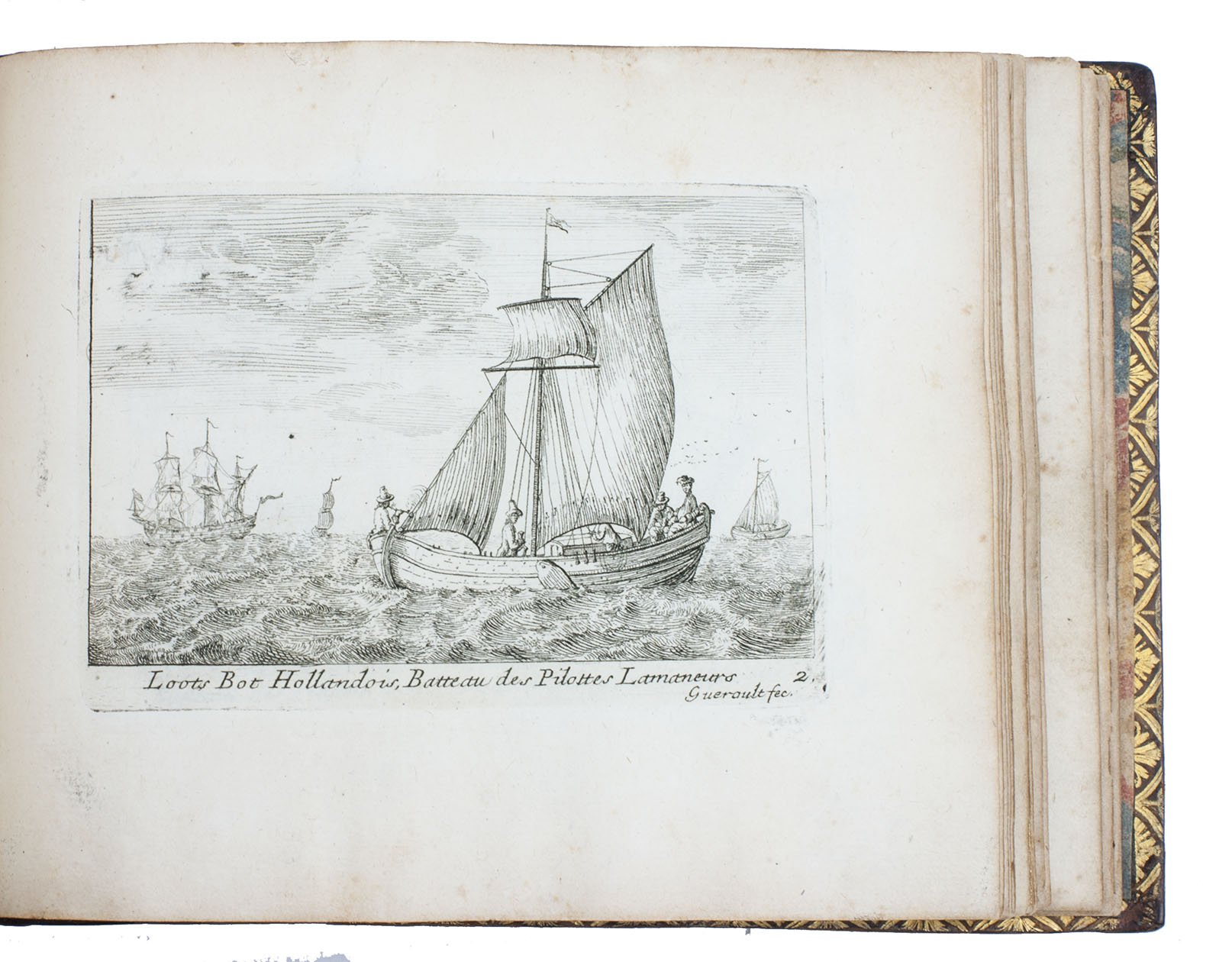 GUEROULT DU PAS, Pierre Jacques. - Les differens batimens de la mer oceanne, With:(2) GUEROULT DU PAS, Pierre Jacques. Les differens batimens de la Mer Mediterrane, (3) GUEROULT DU PAS, Pierre Jacques. Petits batimens de l'ocean. Paris, Pierre Giffart, [titles of parts 2 & 3 dated 1709]. 3 parts in 1 volume. Oblong Imperial 16mo (12.5 x 16.5 cm). Part 1 with 30 engraved leaves including the title-page, part 2 with 30 engraved leaves including the title-page, and part 3 with 16 engraved leaves. All together 76 plates (plate size mostly ca. 7 x 11 cm, the title plates to parts 1 & 2 ca. 10 x 12 cm) depicting a wide variety of boats and ships, each with a caption identifying the type of ship. Contemporary French gold-tooled calf. Subtly rebacked with the original back-strip laid down.