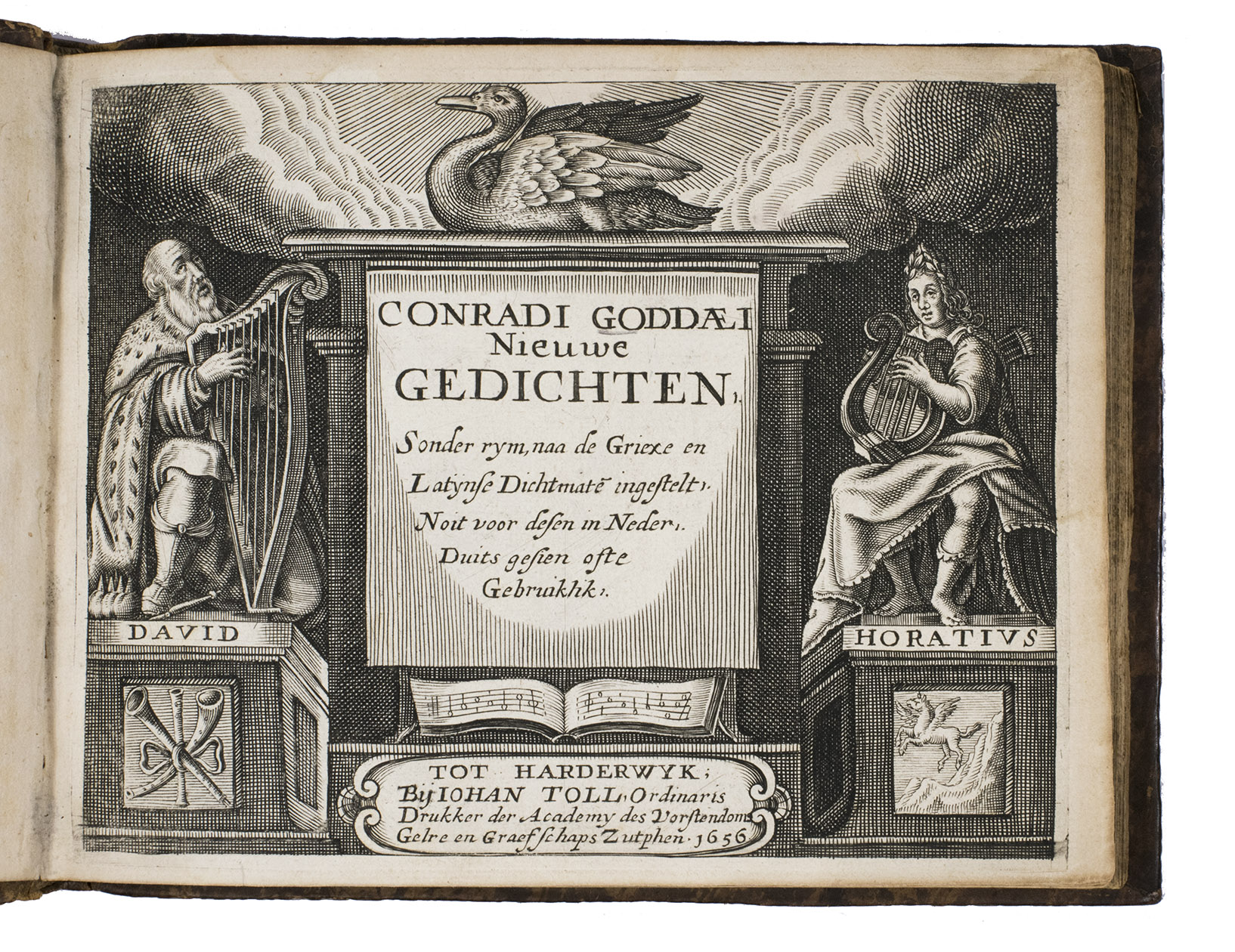 GODDAEUS, Conrad. - Nieuwe gedichten. Sonder rym, naa de Griexe en Latynse dicht-maten, op allerhande soorten van verssen, ingestelt. Noit voor desen in Neder-duits gesien, noch gebruiklik.Harderwijk, Joannes Toll, 1656. Oblong 4to. With woodcut of King David playing his harp on the title-page, a fine engraved frontispiece with an open music book below the title in centre, which is flanked by King David playing his harp and Horace playing his lyre, each on a pedestal, with a white swan above and publisher's address below.  Contemporary mottled calf.