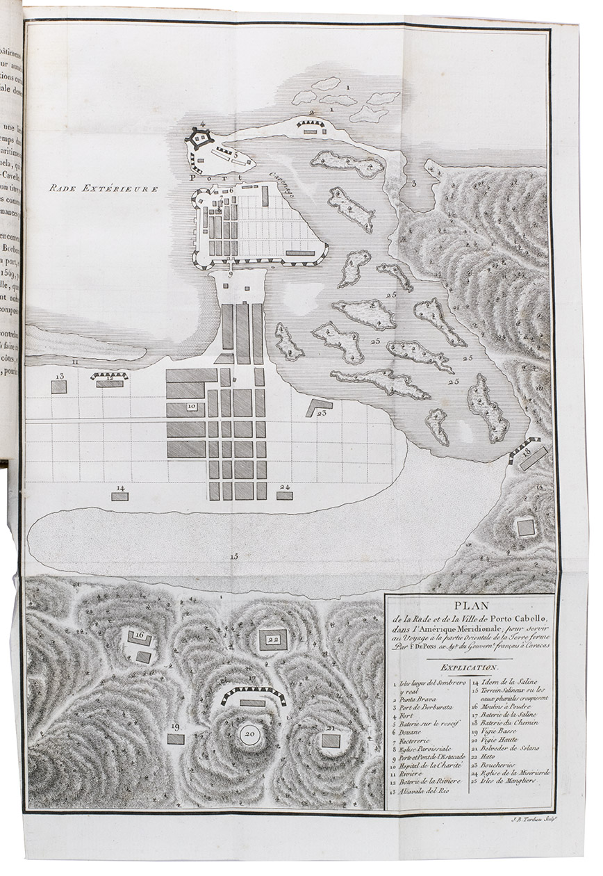 PONS, François Raymond Joseph de. - Voyage a la partie orientale de la Terre-Ferme, dans l'Amérique méridionale, fait pendant les années 1801, 1802, 1803 et 1804: contenant la description de la Capitainerie générale de Caracas, composée des Provinces de Venezuela, Maracaïbo, Varinas, la Guiane Espagnole, Cumana et de l'Ile de la Marguerite; ...Paris, F. Buisson (back of half-title: Imprimerie de Fain et compagnie), 1806. 3 volumes. 8vo. With 4 folding engraved maps, including a large map of Caracas and surroundings and 3 smaller showing groundplans of Caracas, Puerto Cabello and La Guaira. All engraved by J.B. Tardieu. Contemporary half calf.