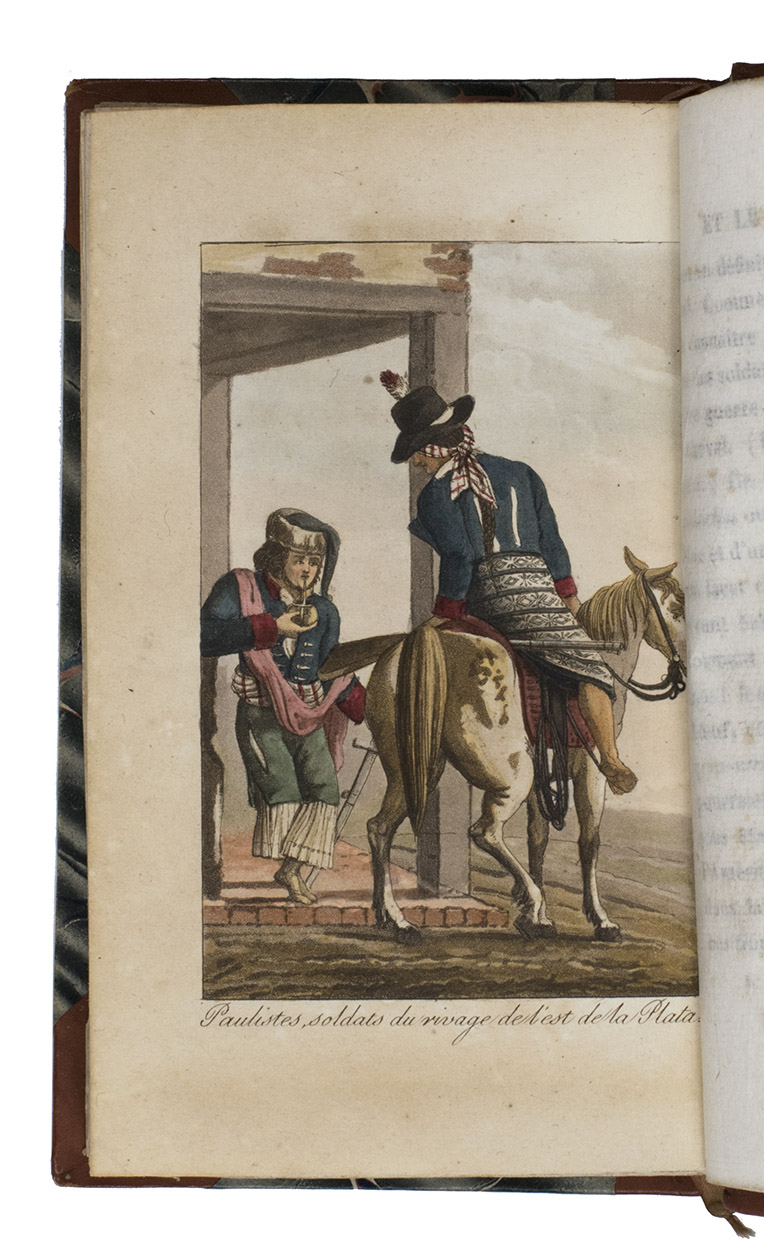 DENIS, Ferdinand. - Buenos Ayrs et le Paraguay; ou histoire, moeurs, usages et costumes des habitans de cette partie de l'Amrique.Paris, Nepveu, 1823. 2 volumes. 12mo. With 9 engraved plates, 2 double page in the first volume, and 9 engraved plates, 4 double-page in the second volume, all plates finely coloured by hand. Contemporary half calf, gold-tooled spine.