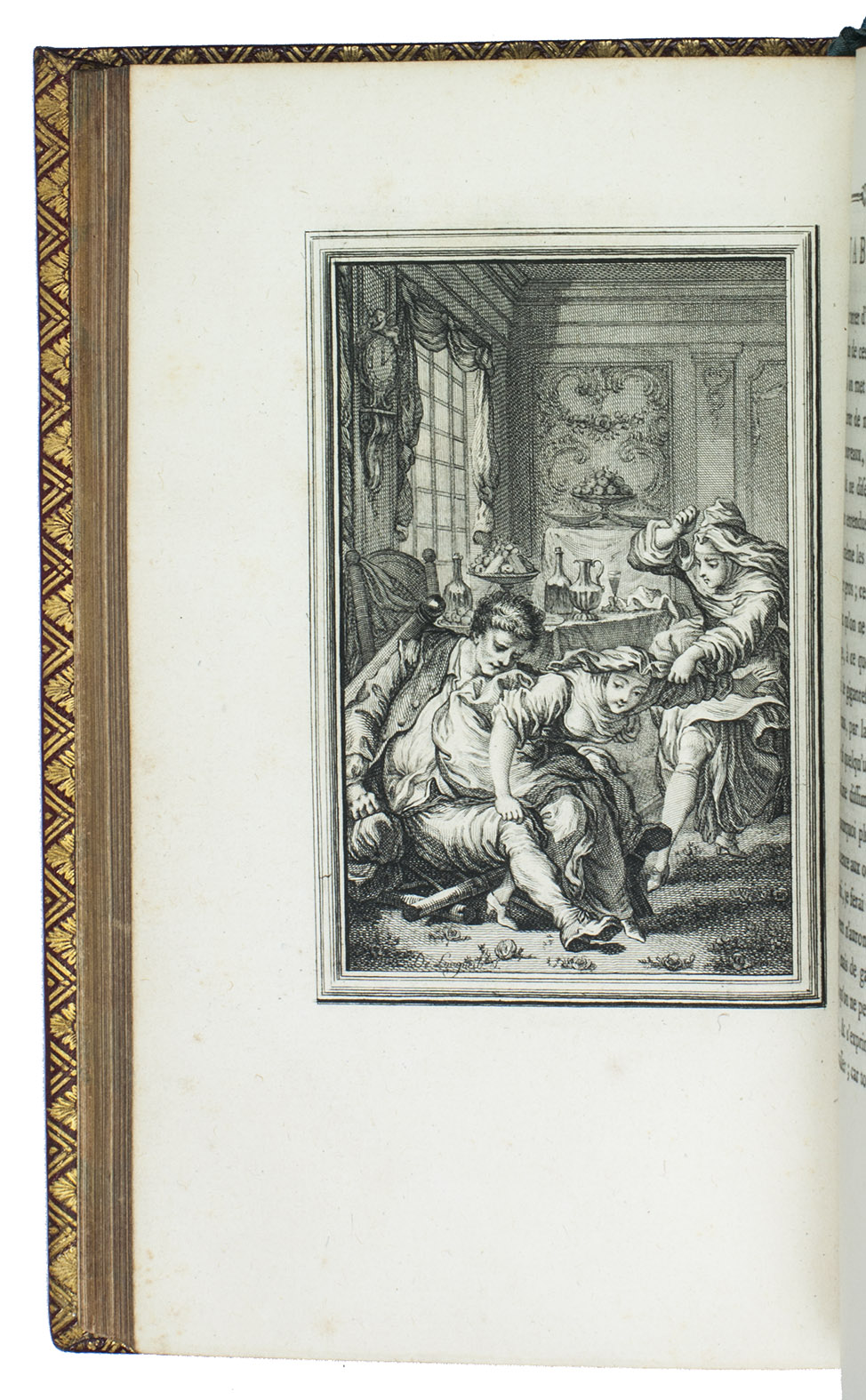 LA FONTAINE, Jean de. - Contes et nouvelles en vers.Amsterdam [= Paris], [Joseph-Grard Barbou], 1762. 2 volumes. 8vo. With engraved portraits of La Fontaine and Eisen and 80 engraved plates after drawings by Eisen and engraved by Aliamet, Baquoy, Choffard, Delafosse, Flipart, Lemire, Leveau, De Longueil and Ouvrier, and 4 vignettes and 53 head- and tailpieces by Pierre-Philip Choffard. An engraving of Le calendrier des vieillards in its dcouvert state is loosely inserted in volume 1. Contemporary gold-tooled red morocco, gilt edges.