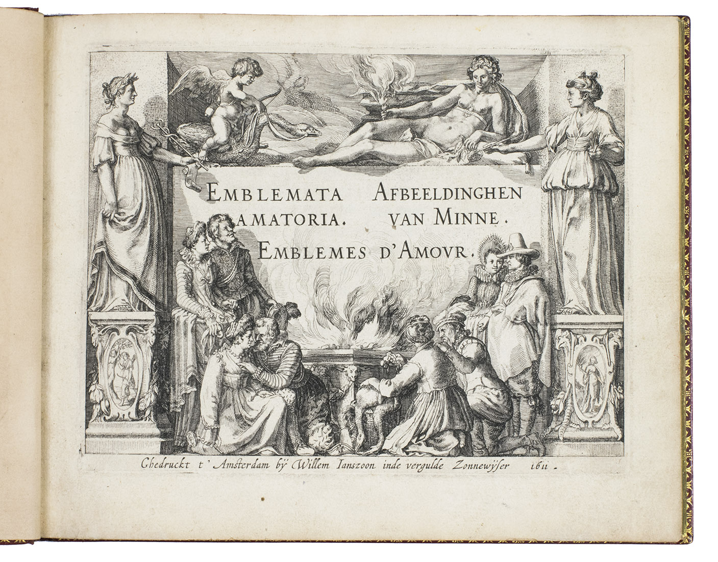 [HOOFT, Pieter Cornelisz.]. - Emblemata amatoria. Afbeeldinghen van minne. Emblemes d'amour.Amsterdam, Willem Jansz. Blaeu, 1611. Oblong 4to (15 x 19 cm). With an engraved title-page, with the title in Latin, Dutch and French. With 30 engraved emblems (ca. 10.5 x 13.5 cm), each with tri-lingual mottos in the engraving and distichs in Dutch with Latin and French  translations on the opposite page. The Dutch text is mainly set in gothic letters, while the Latin and French texts are set in roman and italic letters respectively. The Dutch songs and sonnets in the second half of the work are set in roman and gothic letters, sometimes in two columns. 19th-century gold-tooled red sheepskin, with two triple-fillet frames and 4 ornamental corner pieces between the two frames. With an elaborately gold-tooled spine, including the French title and the year of publication, gold-tooled board edges and turn-ins, gilt edges, marbled endpapers and a yellow, red and green reading ribbon.