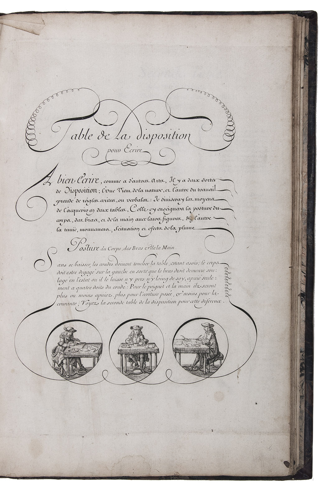 ALLAIS, Jean Baptiste. - L'art d'ecrire. Paris, chez l'auteur, 1680. Folio. With large woodcut vignette on letterpress title-page, a woodcut headpiece, 2 woodcut decorative initials, decorations built up from cast arabesque fleurons, an engraved calligraphic title-page and 22 (of 23) engraved leaves with calligraphic writing samples and illustrations, all engraved by Louis Senault. Contemporary calf, gold-tooled spine, and unusual marbled paste-downs.