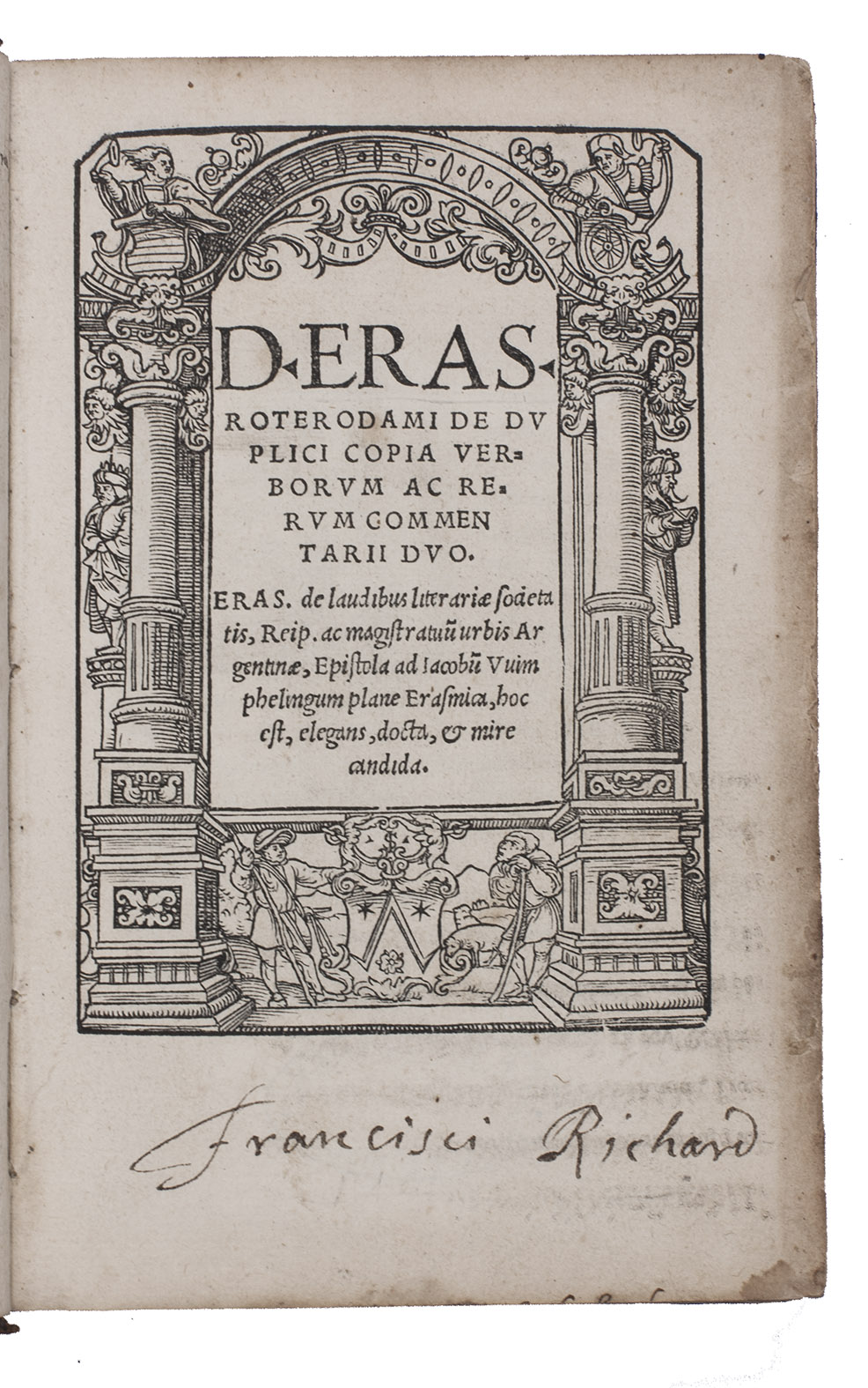 ERASMUS, Desiderius. - De duplici copia verborum ac rerum commentarii duo. (Colophon: Mainz, Johannes Schoeffer, August 1521). With title in woodcut architectural border; 6 large, beautiful woodcut initials. With 1 initial coloured by hand.With: (2) ERASMUS, Desiderius. Parabolae sive similia.(Colophon: Basle, Johannes Froben, July 1521). With title in an elaborate woodcut border, first page of the dedicatory letter by Erasmus to Petrus Aegidius on back of title-page with a border made of woodcut strips, Froben's large woodcut device on the last page, and 2 decorative woodcut initials. 2 works in 1 volume. 8vo. German contemporary richly blind-tooled calf, in a panel design. The central panel on each board is filled with dozens of impressions of 3 floral stamps, 1 on the front board and 2 on the back.