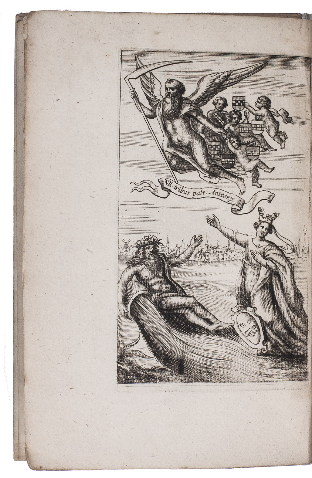 CHRISTYN, Johannes-Baptista. - Senatus populique Antverpiensis. Nobilitas sive septem tribus patriciae Antverpienses.Leiden, Petrus Heghius [printed in Brussels by Philippe Vleugart], 1672. 8vo. With an allegorical frontispiece showing a personification of time accompanying the crests of the seven houses above personifications of the Scheldt and the city of Antwerp and 7 engraved coatsofarms in text. Modern half parchment, red paste paper sides.