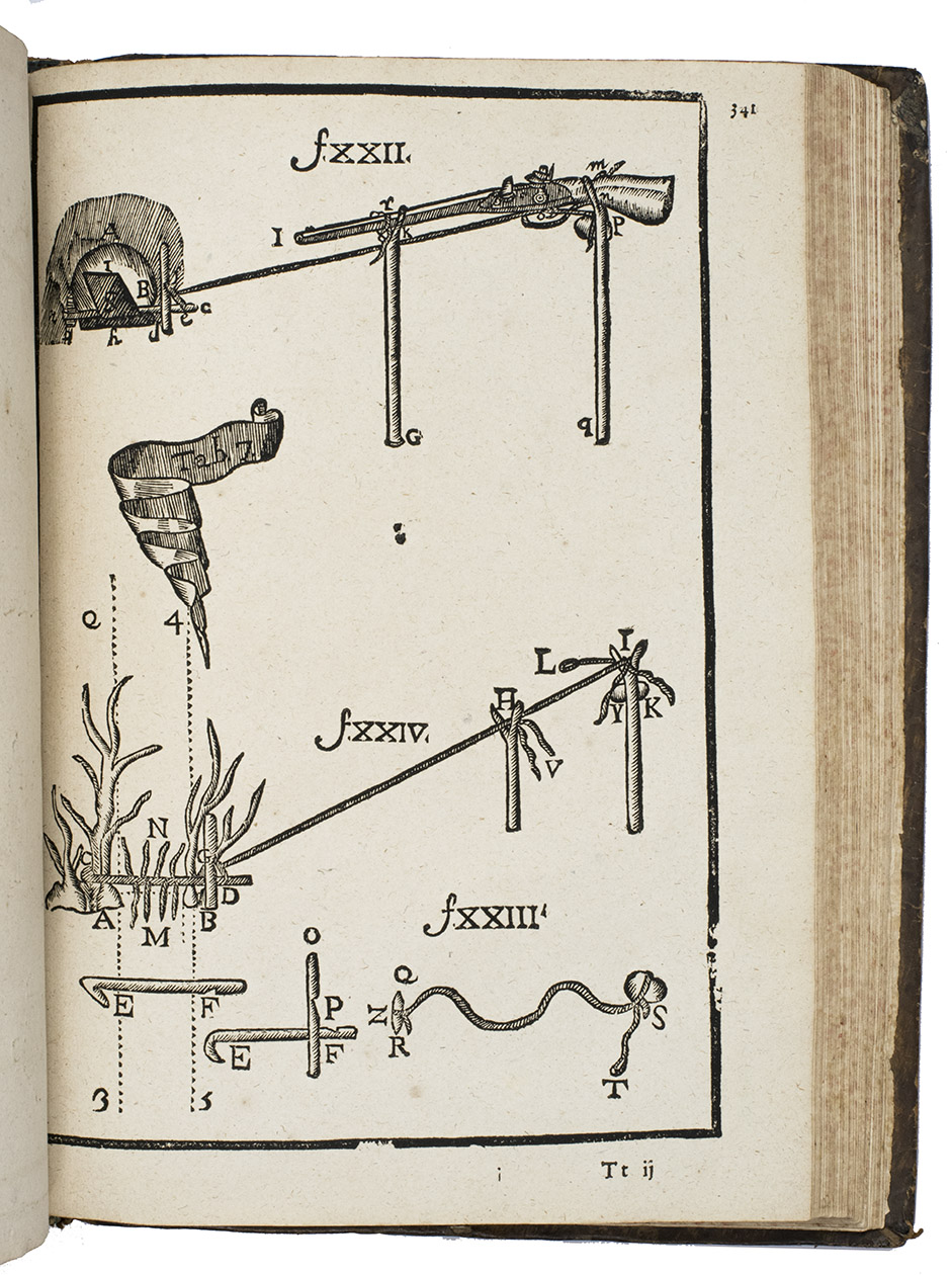 [FORTIN, Franois]. - Les ruses innocentes, dans lesquelles se voit comment on prend les oyseaux passagers, & les non passagers: & de plusieurs sortes de btes  quatre pieds. Avec les plus beaux secrets de la pche dans les rivieres  & dans les estangs. Et un trait tres-utile pour la chasse. Et la maniere de faire tous les rets & les filets qu'on peut s'imaginer.Paris, Ch. de Sercy, 1688. 4to. With title-page printed in red and black, engraved armorial headpiece and large engraved initial for the dedication, and  66 full-page woodcut plates, several folding or double-page, including 50 illustrating hunting and bird-catching and 16 fishing. Contemporary gold-tooled marbled calf.