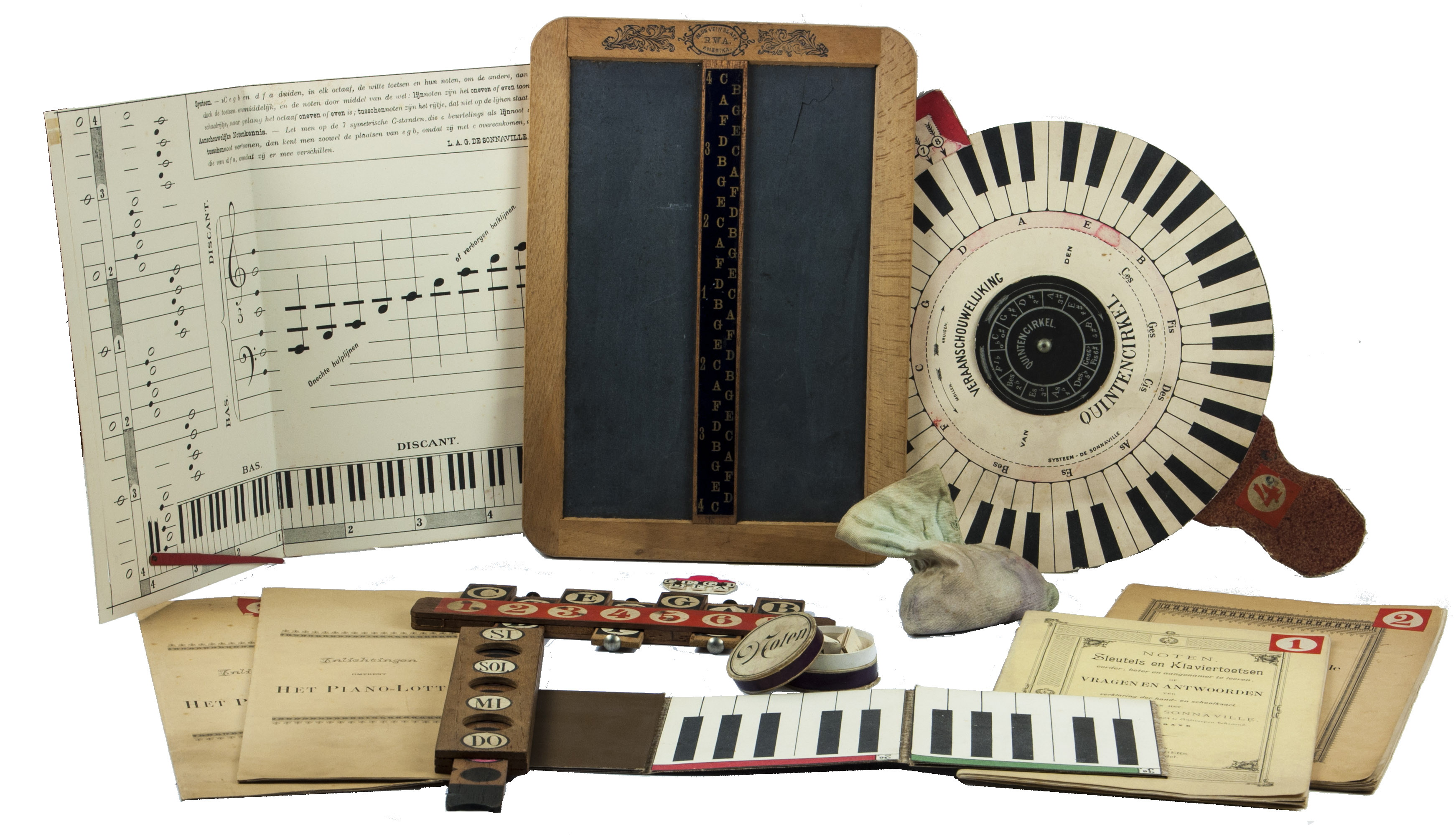 SONNAVILLE, Louis de, S.J. - De nieuwe muziekleermiddelen van het systeem-Sonnaville.[Leiden, Johannes Eggers, ca. 1895]. 25 items in 1 box. All items in a green half cloth box (37 x 29 x 4 cm) which opens at the front and can be closed with cloth strings, with a letterpress title-label mounted on top.