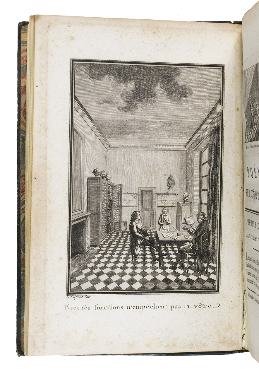 LAFARGUE,  tienne de. - Pome sur l'ducation, ddi  M. Le Comte Charles, fils de M. Le Duc de Luynes.Paris, Guillot, Librairie de Monsieur, 1788. Small 8vo. With full-page engraved plate showing a young boy studying at home with his private tutor and his father watching, 4  finely engraved headings for each stanza of the educational poem, and several charming woodcut tail-pieces to the added fables and miscellaneous poetry. Contemporary gold-tooled green morocco.