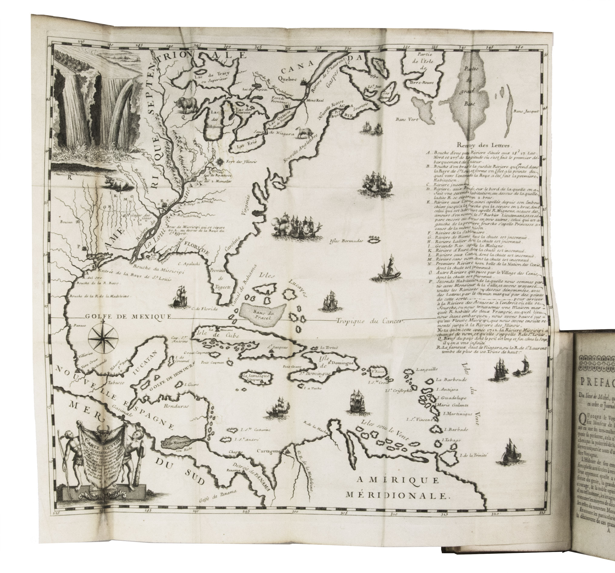 JOUTEL, Henri (Monsieur DE MICHEL, ed.). - Journal historique du dernier voyage que feu M. De la Sale fit dans le Golfe de Mexique, pour trouver l'embouchure & le cours de la riviere de Missicipi, nomme  prsent la rivire de Saint Louis, que traverse la Louisiane. O on voit l'histoire tragique de sa mort, & plusieurs choses curieuses du nouveau monde.Paris, Estienne Robinot, 1713. 12mo. With a large folding engraved map. Contemporary calf.