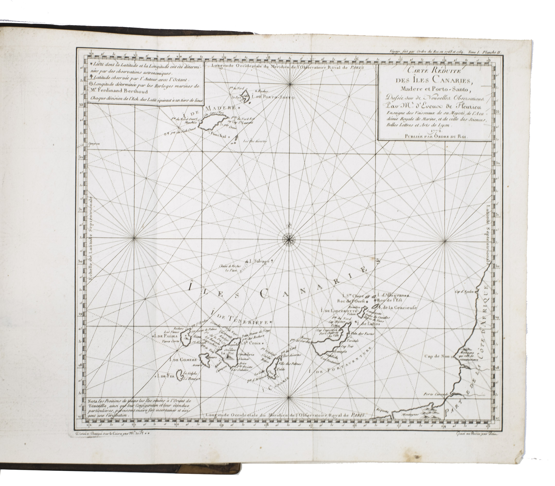 FLEURIEU, Charles Pierre Claret, Count d'Eveux de. - Voyage fait par ordre du Roi en 1768 et 1769,  diffrentes parties du monde, pour prouver en mer les horloges marines inventes par M. Ferdinand Berthoud. Premire[-seconde] partie, ... Paris, Imprimerie Royale, 1773. 2 volumes. Large 4to (27 x 20.5 cm). With 5 numbered folding engraved plates in volume 1 (4 maps of the Atlantic Ocean, the Canaries, the Azores, etc., and 1 plate with topographic diagrams), 1 folding engraved plate with geometrical figures illustrating the determination of latitude[!], and 5 folding letterpress tables in volume 2. Contemporary gold-tooled mottled calf.