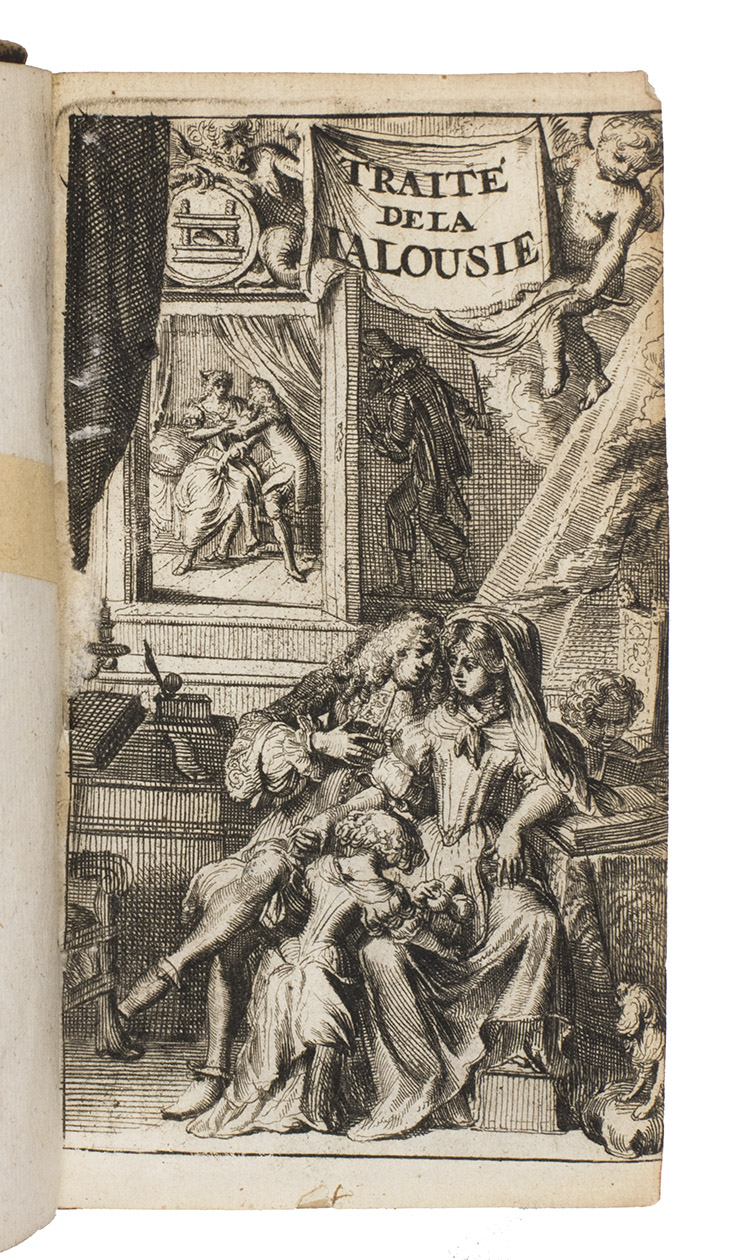 [COURTIN, Antoine DE]. - Trait de la jalousie, ou moyens d'entretenir la paix dans le marriage.[The Netherlands?, copy imprint:] Paris, Helie Josset, 1682. 12mo. With a finely engraved integral frontispiece by Romeyn de Hooghe. (2) ARETINO, Pietro. Dialogue de l'Aretin, ou Les vies, & faits de Lais, & Lamia courtisanes de Rome sont deduites. Traduict d'Italien en Franois.[southwest Germany?, ca. 1681/84?]. With 1 woodcut decorated initial.(3) DIGBY, Kenelm. Discours fait en une celebre assemble touchant la guerison des playes & la composition de la poudre de sympathie. Enrichie avec beaucoup des remedes et rare secrets tirez de memoires du Chevalier Digby. Avec divers secrets pour la conservation de la beaut des dames.Utrecht, Rudolph van Zijll, 1681. (4) MAINVILLE, Jean(?) de. Du bonheur et du malheur du mariage, et des considerations qu'il faut faire avant que de s'y engager, ouvrage moral & curieux.The Hague, Adriaen Moetjens, 1684. With a woodcut decoration on the title-page.Sprinkled calf (ca. 1700?).