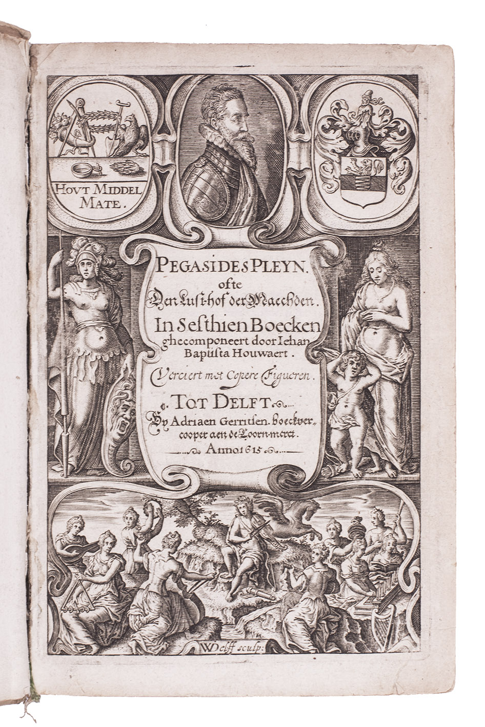 HOUWAERT, Jean Baptista. - Pegasides pleyn. Ofte den lust-hof der maechden.Volume 1: Delft, Adriaen Gerritsen, 1615 (colophon: 1614); volume 2: Leiden, Jan Paets Jacobszoon, 1611. 8vo. Volume 1 with an engraved title-page by Jan Wiericx and 8 full-page engravings by Jan Wiericx; volume 2 with the main text set in civilit type. Uniform contemporary vellum.