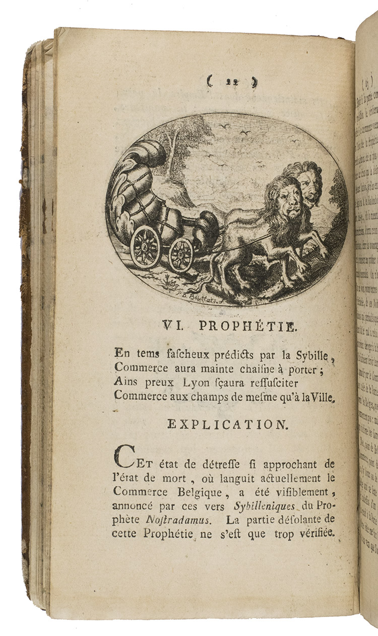 [NOSTRADAMUS, Michel]. - Vingt prophties de Michel de Nostradamus, dernirement trouves manuscrites dans une clbre bibliotheque des Pays-Bas. Avec explication et figures.Lige, [ca. 1789]. 8vo. With 20 engraved emblems at the beginning of each chapter, several by Pieter Balthazar Bouttats. Contemporary mottled, tanned sheepskin, gold-tooled spine, marbled edges.