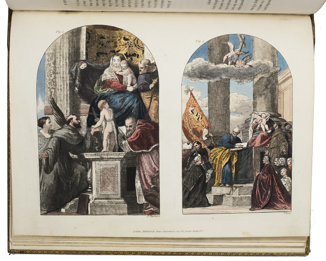 BURNET, John. - A practical treatise on painting. In three parts. Consisting of hints on composition, chiaroscuro, and colouring. The whole illustrated by examples from the Italian, Venetian, Flemish, and Dutch schools.London, James Carpenter, 1826-1827. 3 parts in 1 volume. 4to. With 25 full-page partly handcoloured etched and aquatint plates with 105 reproductions by Burnet of famous paintings. Contemporary calf, covers blind-tooled in a checkered pattern, marbled edges.
