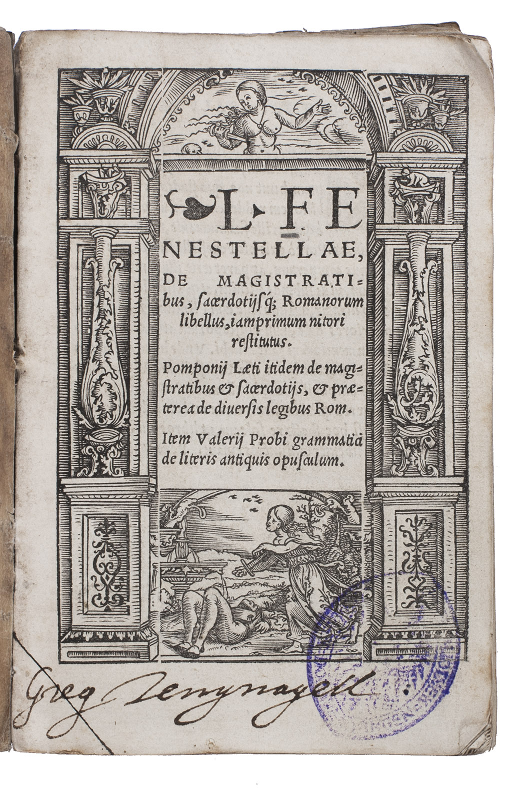 TORRENTINUS, Hermannus (Herman van der BEKE). - Elucidarius poeticus co[n]tinens historias poeticas, fabulas, insulas regiones, urbes, fluvios, mo[n]tesq[ue] insigniores, atq[ue] huiusmodi alia, Antwerp, Michiel Hillen van Hoogstraten, 1527. With the title in an elaborate woodcut border. With: (2) [FIOCCHI, Andrea Dominico (Andras Dominicus FLOCCUS)] under the name of Lucius FENESTELLA. De magistratibus, sacerdotiisq[ue] Romanorum libellus, iamprimum nitori restitutus.[Cologne, Hero Fuchs, 1527]. With the title in a finely cut 4-piece woodcut border. 2 editions in 1 volume. 8vo. 16th-century(?) limp vellum (formerly used for a slightly thinner book). The binding is an interesting example of a spine reinforced with a horizontal metal rod at the central sewing support to give more support and prevent the bookblock from becoming concaved or developing sharp kinks; probably bound in Flanders.
