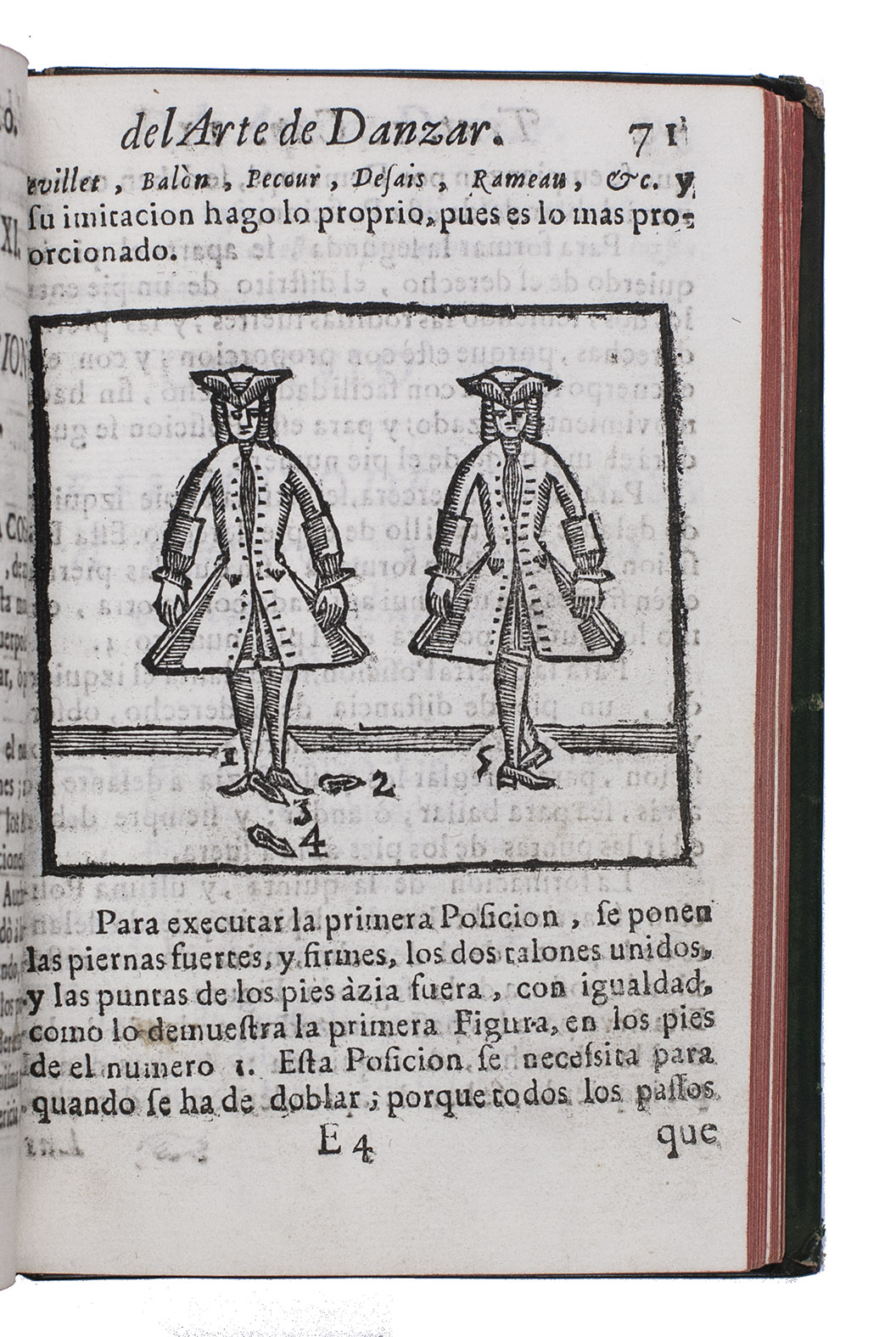 FERRIOL Y BOXEREAUX, D. Bartolome. - Reglas utiles para los aficionados a danzar: provechoso divertimiento de los que gustan tocar instrumentos. Y politicas advertencias a todo genero de personas. Adornado con varias laminas.Capoa, Joseph Testore, 1745. Small 8vo (1410 cm). With 35 woodcuts in text (including many full-page), 7 folding leaves with woodcut music notation and letterpress text, and some letterpress text set along curves. Many of the full-page woodcuts and some on the folding leaves also include dance notation. Mid 19th-century gold-tooled green calf, with the emblematic device of the 