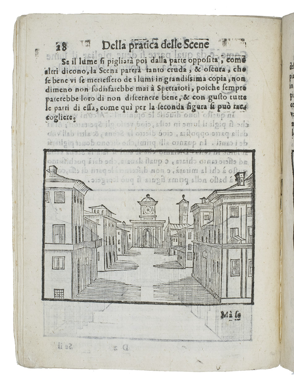 SABBATTINI, Nicola. - Pratica di fabricar scene, e machine ne'teatri.Pesaro, Flaminio Concordia, 1637. 4to. With the woodcut coat of arms of the dedicatee Cardinal Grimaldi on the title-page and 49 woodcut diagrams and illustrations of decors and stage settings in the text, many illustrating the use of perspective to give an illusion of three dimensions and some showing mechanical systems, such as screens raised and lowered with pulleys. Decorated paper wrappers (ca. 1700?).