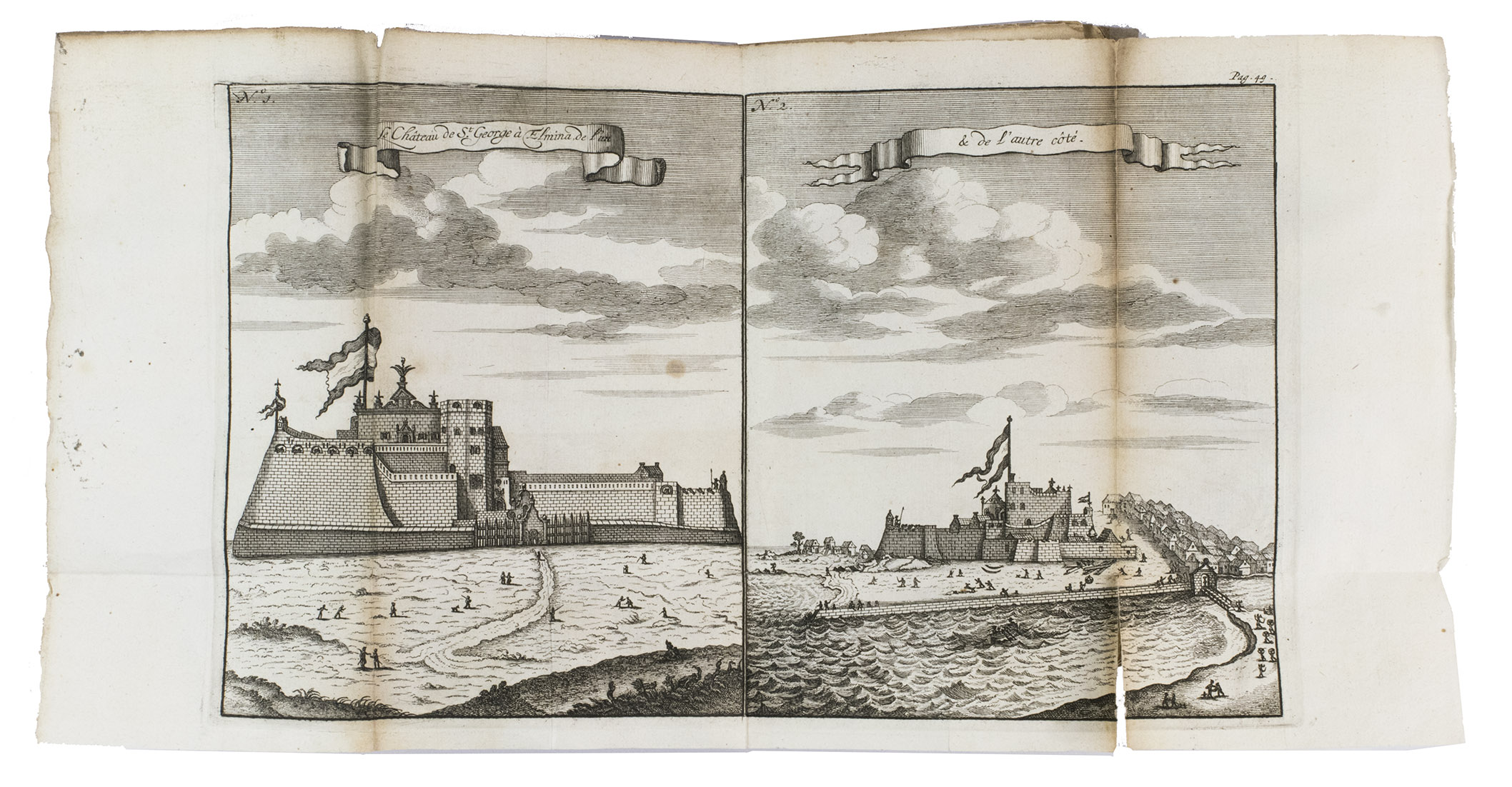 BOSMAN, Willem. - Voyage de Guine, contenant une description nouvelle & trs-exacte de cette cte o l'on trouve & o l'on trafique l'or, les dents d'elephant, & les esclaves: ...Utrecht, Antoine Schouten, 1705. Large 12mo (17 x 10 cm). With an engraved author's portrait, an engraved frontispiece and 27 folding engraved plates. Contemporary marbled boards.