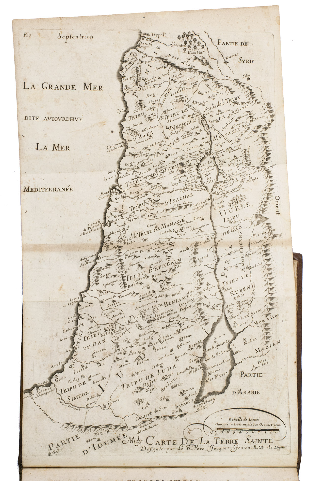 GOUJON, Jacques. - Histoire et voyage de la Terre-Sainte, o tout ce qu'il y a de plus remarquable dans les saints lieux, est tres exactement descrit. Lyon, Pierre Compagnon & Robert Taillandier, 1671. 4to. With a woodcut vignette on the title-page and 17 folding engraved plates showing maps, views, and plans of regions, mountains and buildings in the Holy Land, further with woodcut decorated initials, and woodcut head- and tailpieces. Contemporary calf.