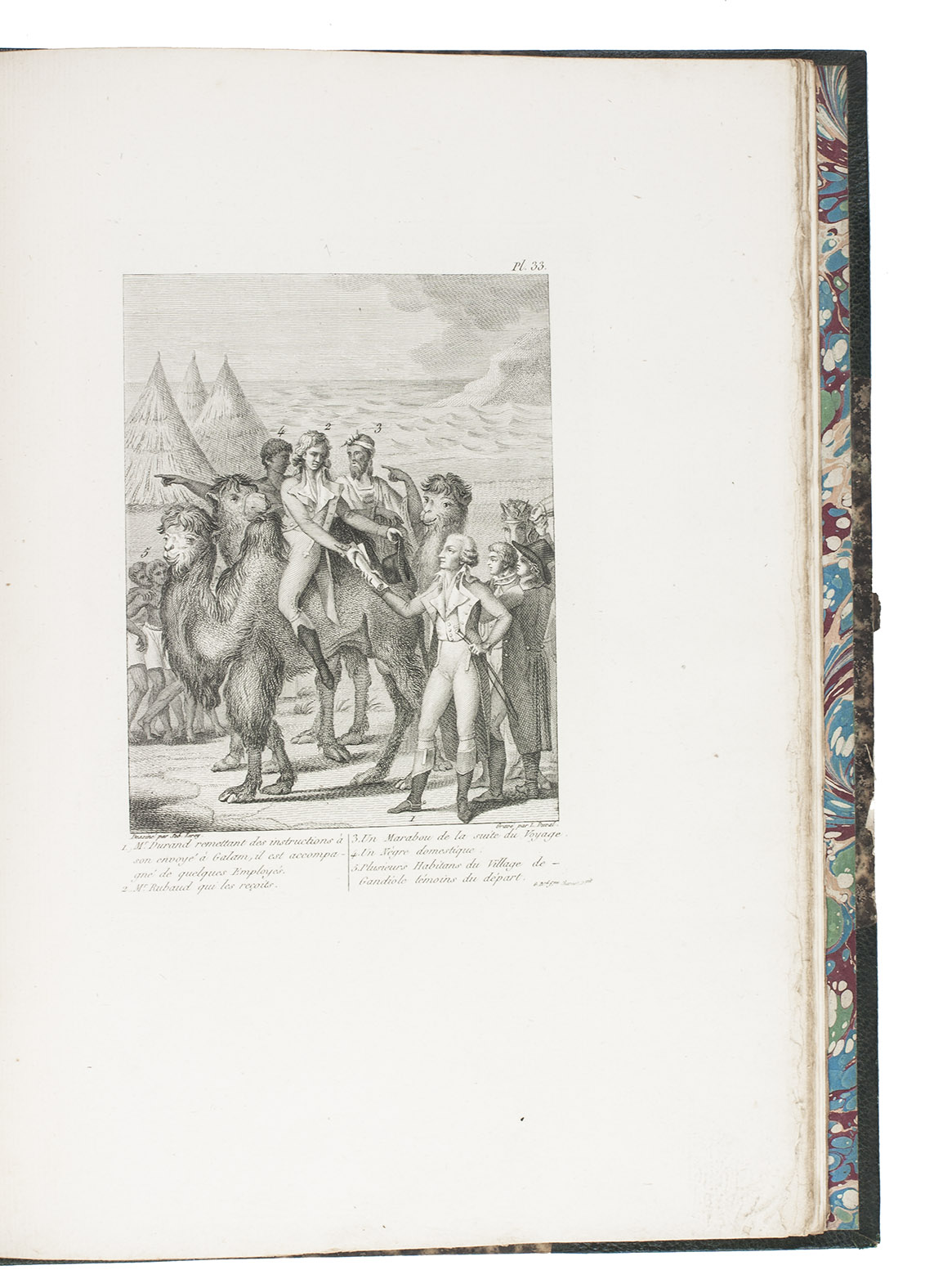 DURAND, Jean-Baptiste-Lonard. - Voyage au Sngal, ou mmoires historiques, philosophiques et politiques sur les dcouvertes, les tablissemens et le commerce des Europens dans les mers de l'Ocan Atlantique, depuis le Cap-Blanc jusqu' la rivire de Serre-Lionne inclusivement; suivis de la relation d'un voyage par terre de l'le Saint-Louis  Galam, et du texte arabe de trois traits de commerce faits par l'auteur avec les princes de pays.Paris, Henri Agasse, 1802. 2 volumes (1 text and 1 atlas). 4to. Atlas with an engraved portrait of Lonard Durand, 16 double-page engraved maps (mostly folding) and 27 engraved plates. Modern dark green half morocco, gold-tooled spine, upper edges gilt.