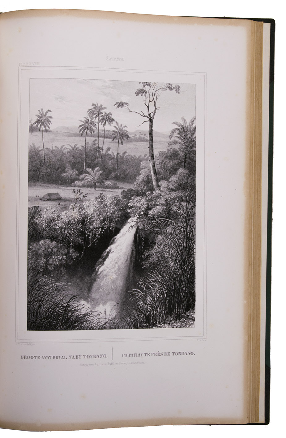 VELDE, Charles William Meredith van de. - Gezigten uit Nerlands Indi, naar de natuur geteekend en beschreven.Amsterdam, Frans Buffa en Zonen (printed by C.A. Spin), [1844-45]. Large folio (52 x 35 cm). With woodengraved view of the Palace at Buitenzorg on title, signed by P. Lauters and W. Brown, and 50 full-page lithographed views and plates (ca. 22 x 31 cm) by P. Lauters after the designs by the author. Contemporary green half morocco.