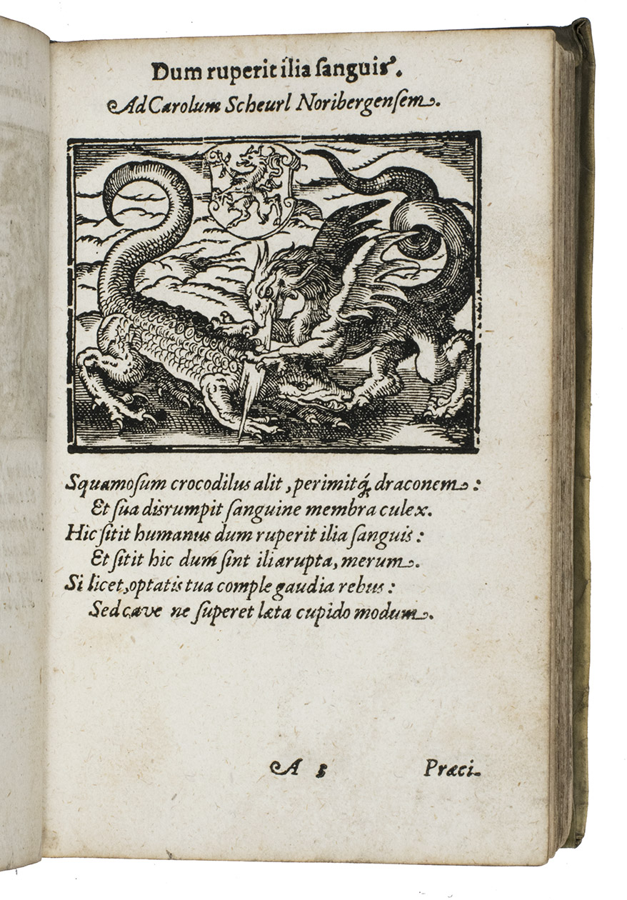 TAURELLUS, Nicolaeus. - Emblemata physico-ethica, hoc est naturae morum moderatricis picta pracepta.Nrnberg, Simon Halbmayer, 1617. With Halbmayers woodcut globe, bird and book device on the title-page, 116 emblematic woodcuts, in most cases incorporating a coat of arms, woodcut decorated initials.With: (2) IDEM. Carmina funebria, quae magnorum aliquot, clarorum que virorum felici memoriae dicavit. Nrnberg, Christophor Lochner the elder, 1602. With the title in a frame built up from arabesque typographic ornaments. 2 works in 1 volume. 8vo. Contemporary vellum.