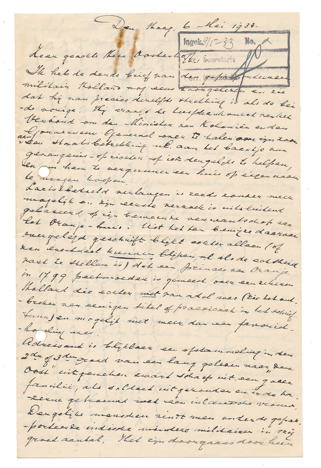 [AUTOGRAPH]. HARLOFF, Anton Johan Wouter. - [Autograph letter, signed (
