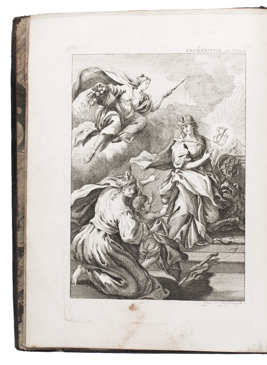 BETZKY (BETSKOI), Ivan Ivanovitch. - Les plans et les statuts, des diffrents tablissements ordonns par sa Majst Impriale Catherine II. pour l'education de la jeunesse, et l'utilit gnrale de son Empire.Amsterdam, Marc-Michel Rey, 1775. 2 volumes bound as 1. 4to. With 2 engraved allegorical frontispieces, engraved allegorical plate, 3 large folding engraved plans, 4 folding tables, and 64 large engraved head-pieces, tail-pieces and allegorical engravings in text, including the coat of arms, medal and seal of Catherine the Great of Russia. Contemporary tree calf, rebacked with gold-tooled spine.