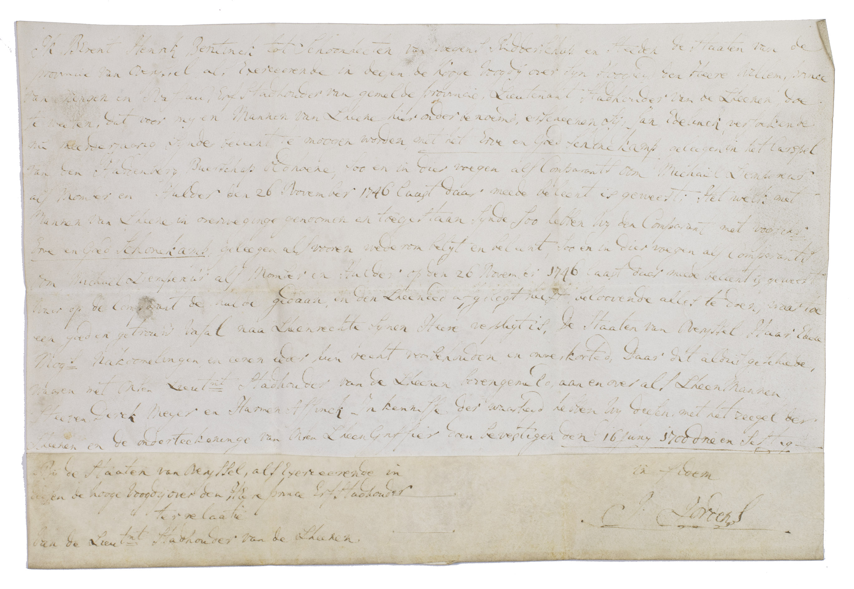 [BENTINCK, Berend Hendrik]. - [18th-century manuscript document written in the name of Berend Hendrik Bentinck, lord of Schoonheten]. Incipit: Ik Berent Henrik Bentinck tot Schoonheten van wegens Ridderschap en steeden de staaten van de ...Overijssel, 16 July 1763. Small folio. Manuscript document in Dutch, written in brown ink on vellum.