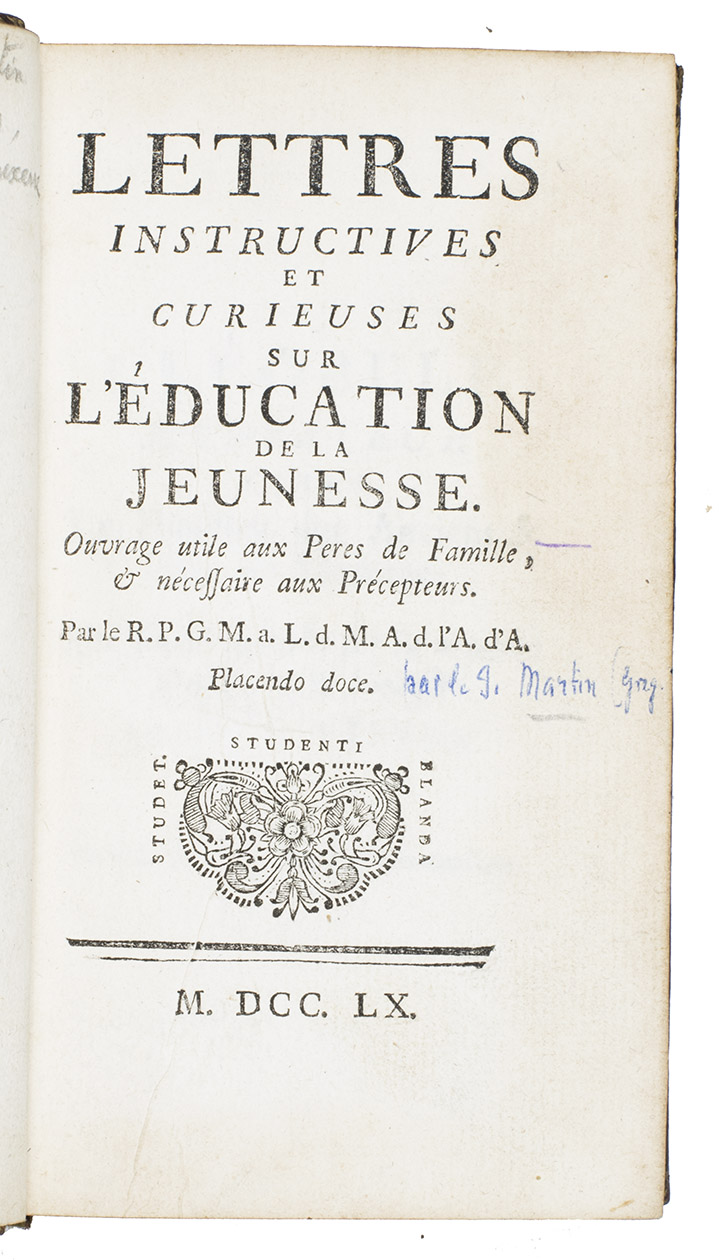 MARTIN, Grgoire. - Lettres instructives et curieuses sur l'ducation de la jeunesse. ...[Grenoble, for the author], 1760. 12mo. Contemporary gold-tooled red morocco richly gold-tooled spine, ornamental borders on sides, gold-tooled turn-ins, gilt edges.