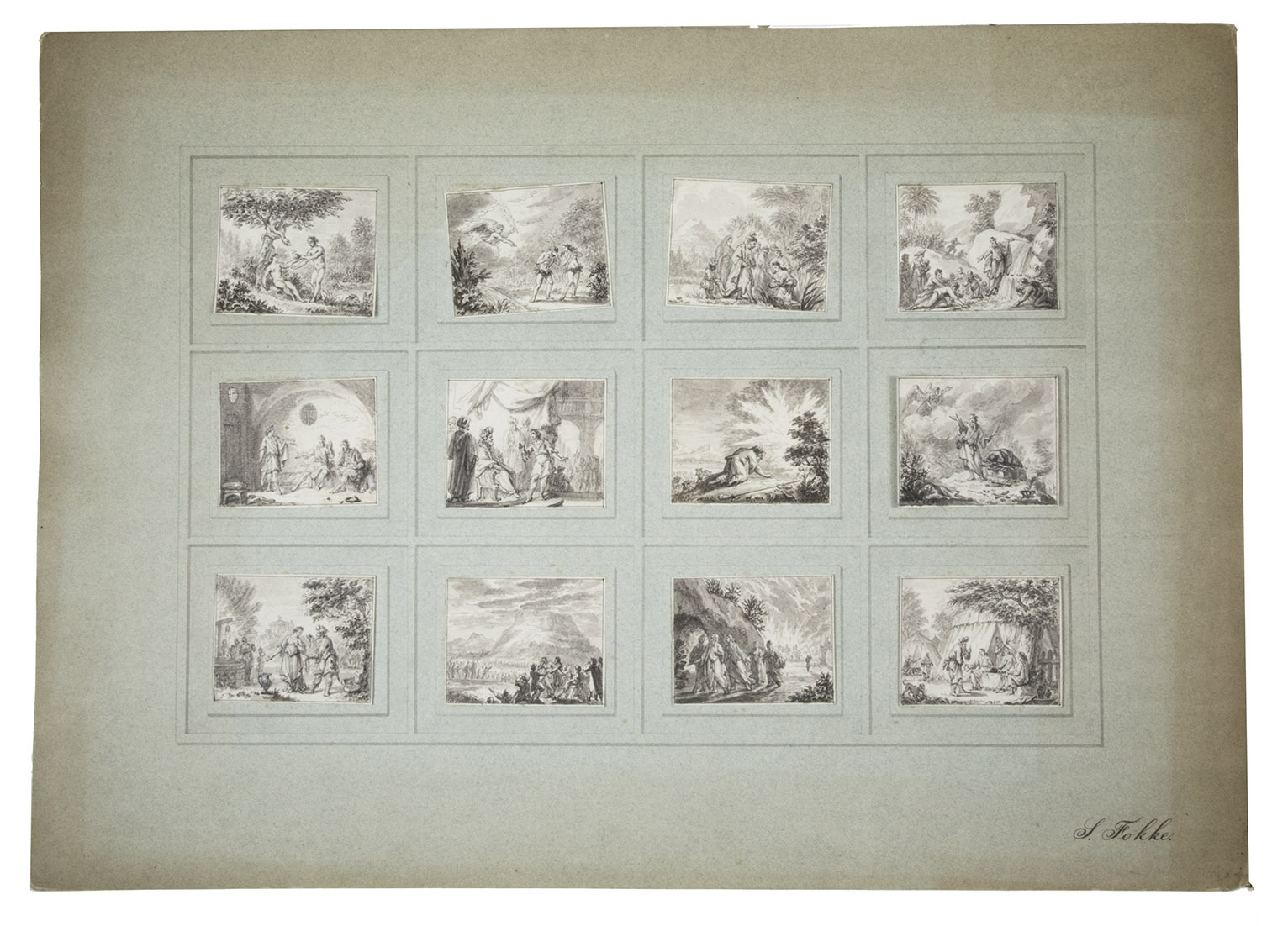 FOKKE, Simon. - [12 drawings of Old Testament scenes].Amsterdam, 1783. Twelve pen and ink wash drawings (each ca. 8 x 6.5 cm) in subtle shades of grey and sepia.  All 12 drawings mounted on a single contemporary stiff paper support (44 x 61 cm), neatly arranged in three rows of four, each with a border of lines drawn around it in ink. A contemporary pencil inscription below the lower right drawing reads 