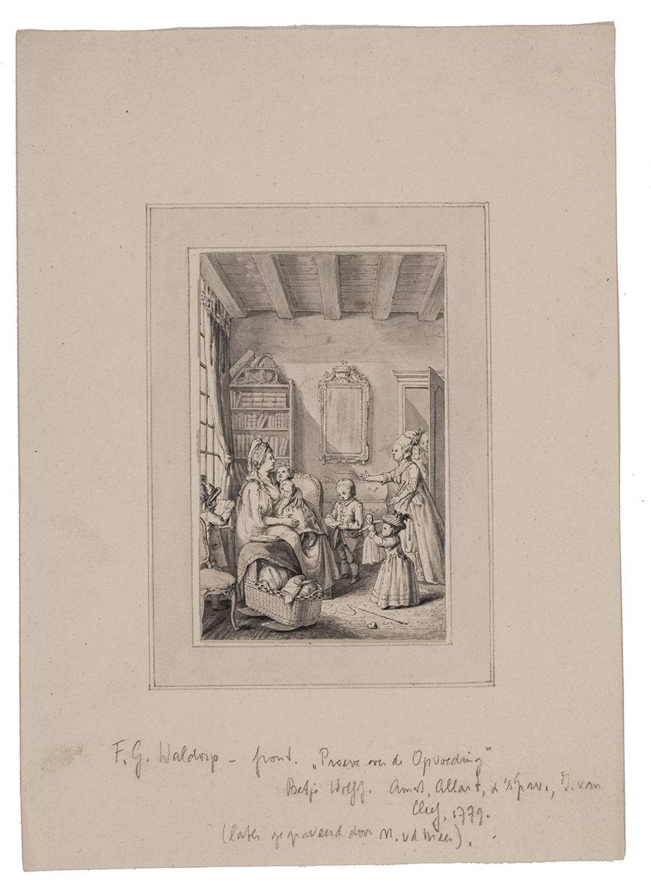 WALDORP, Jan Gerard. - [Design for the frontispiece of Betje Wolff's Proeve over de opvoeding].[Amsterdam, 1779]. Drawing in black ink with grey watercolour washes (14 x 9 cm) on laid paper, tipped onto a larger leaf (30 x 21.5 cm).