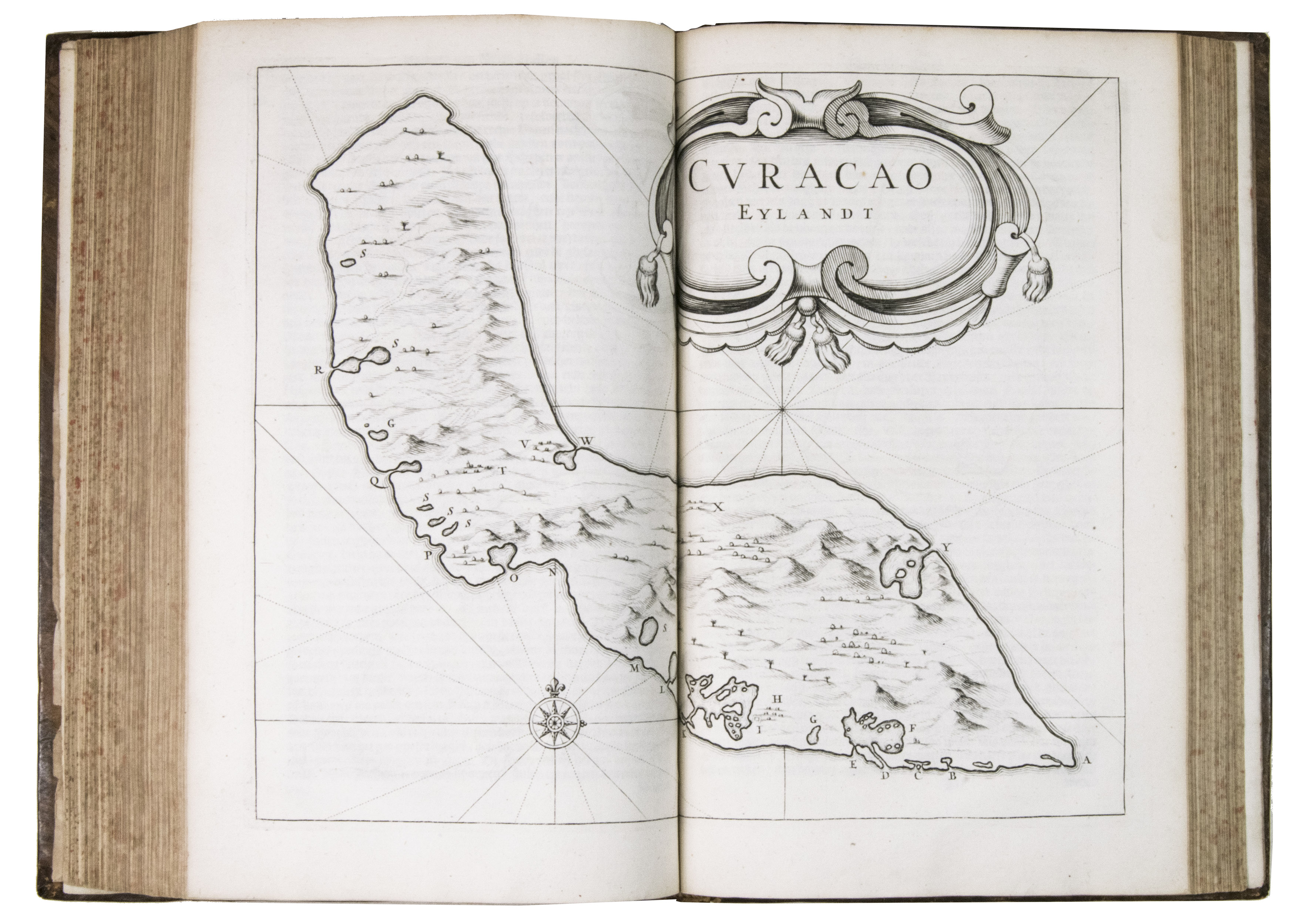 LAET, Johannes de. - Historie ofte iaerlijck verhael van de verrichtinghen der geoctroyeerde West-Indische Compagnie, zedert haer begin tot het eynde van 't jaer sesthien-hondert ses-en-dertich. Begrepen in dertien boecken, ende met verscheyden koperen platen verciert.Including: IDEM. Kort verhael uyt de voorgaende boecken ghetrocken vande diensten ende nuttigheden die desen staet heeft genooten by de West-Indische Compagnie; ende schaden die deselve den koningh van Spagnien heeft ghedaen sedert haer begin tot het eynde van den jaere 1636.Leiden, Bonaventura and Abraham Elzevier, 1644. Folio. With the title printed in red and black, with the Elzevier woodcut device, and 13 double-page engraved maps and views. Contemporary sprinkled calf, gold-tooled spine with a black morocco title-label lettered in gold, red sprinkled edges, gold-tooled board edges.