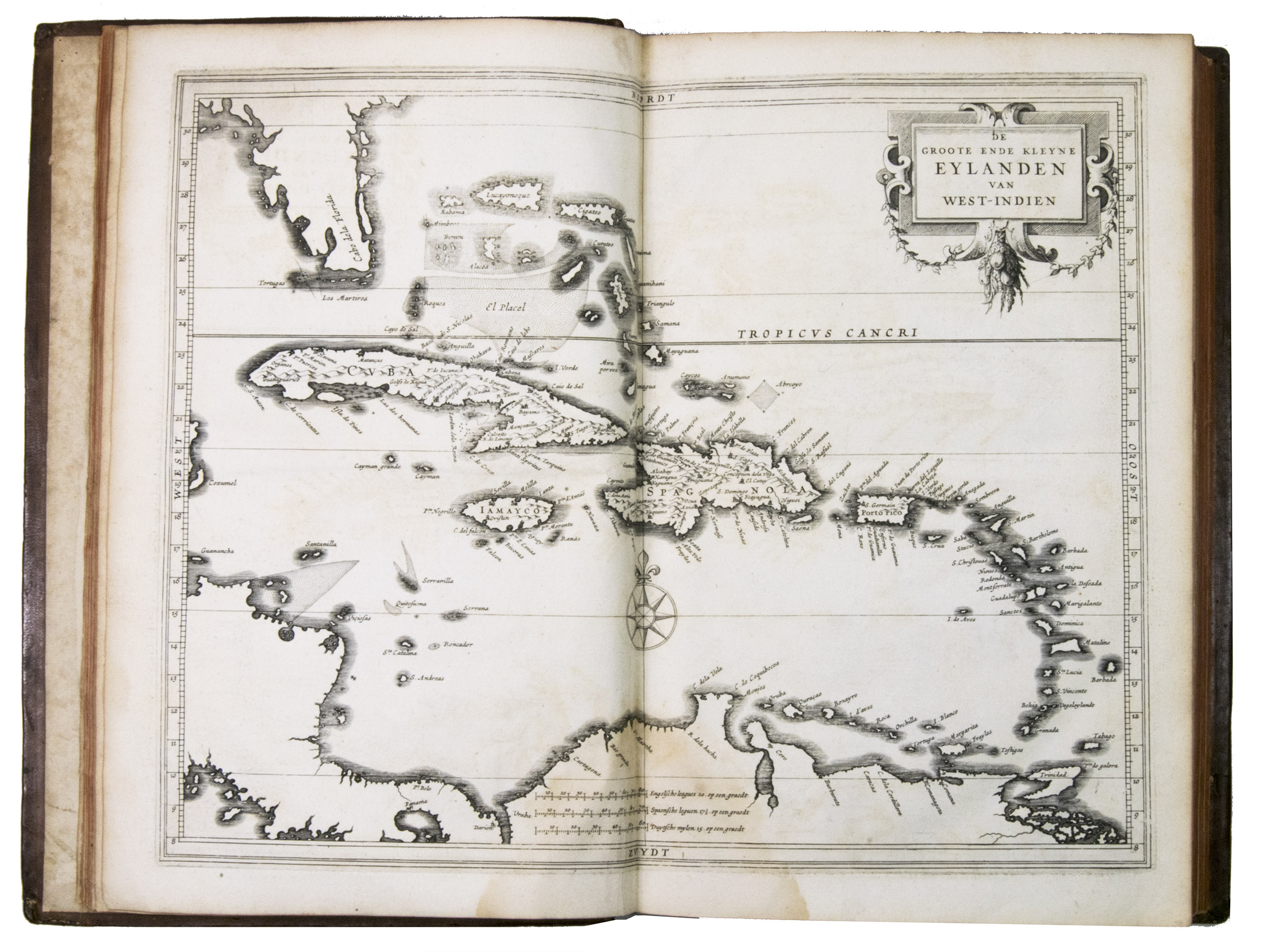 LAET, Johannes de. - Nieuwe wereldt ofte beschrijvinghe van West-Indien, wt veelderhande schriften ende aen-teeckeninghen van verscheyden natien by een versamelt.Leiden, Isaac Elzevier, 1625. Folio. With large woodcut printers mark on title-page, 10 double-page engraved maps (plate size 28.5 x 36 cm), woodcut decorative initial letters from two series, and a wide variety of printing types. Early 18th-century calf, gold-tooled spine.