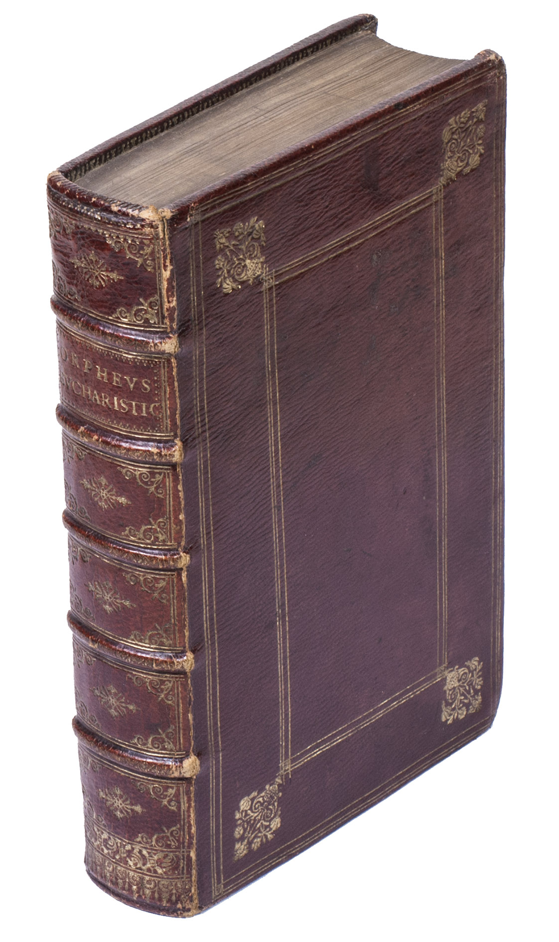 CHESNEAU, Augustin. - Orpheus Eucharisticus ... Tomus primus [all published].Paris, Florentin Lambert, 1657. 8vo. With an engraved title-page, a typographical title-page with a small woodcut ornament, 101 engraved emblems by Albert Flamen in the text (1 unnumbered on page 5, 100 numbered I-C), further with woodcut initials and woodcut tail-pieces. Late 17th- or early 18th-century gold-tooled red morocco.