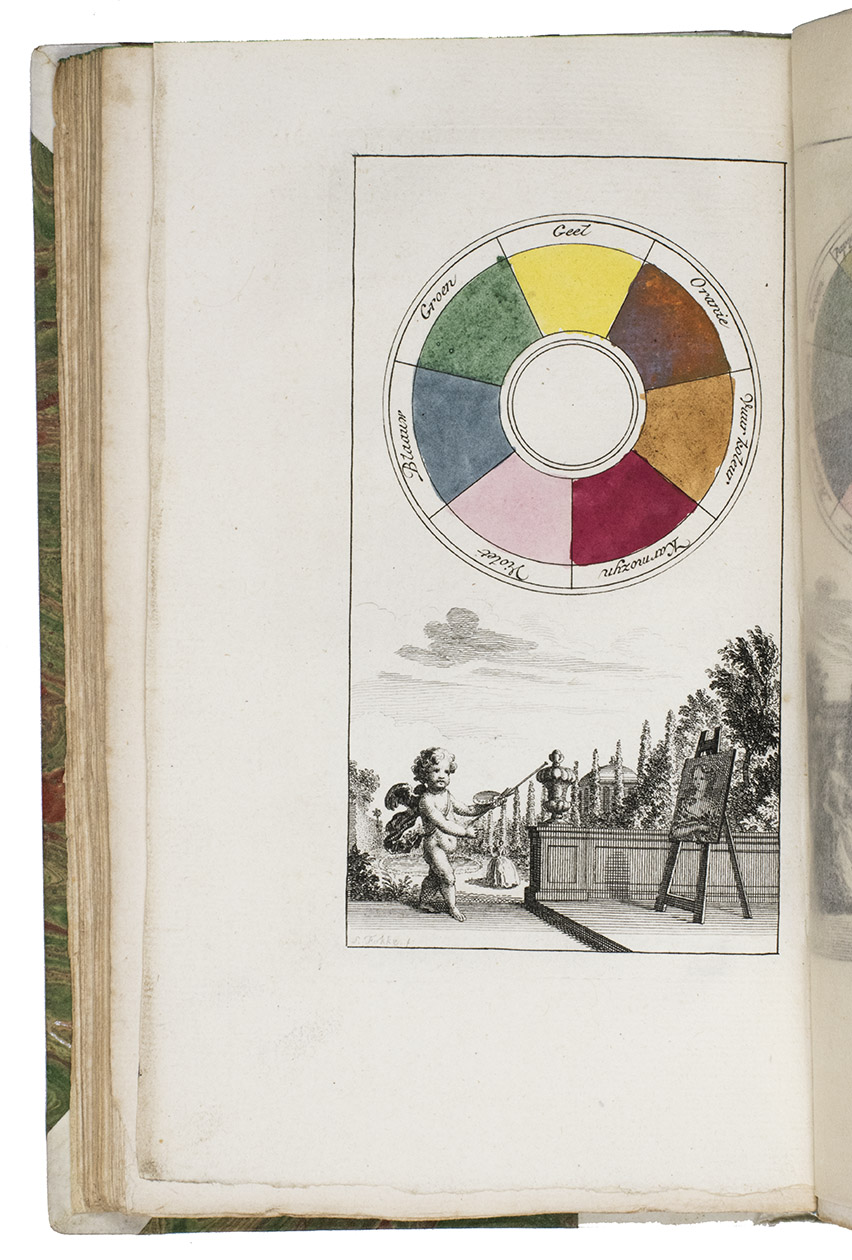 [VERLIJ, P. J.]. - Verhandeling van de schilderkonst in miniatuur, om gemakkelyk te leeren schilderen zonder meester...Amsterdam, Gerrit de Groot, 1759. 8vo. Frontispiece, title-page in red and black, woodcut head- and tailpieces and 2 engravings on a single double-page plate. 20th-century half vellum, oil-marbled sides, light green morocco spine label, lettered in gold, green top edge.