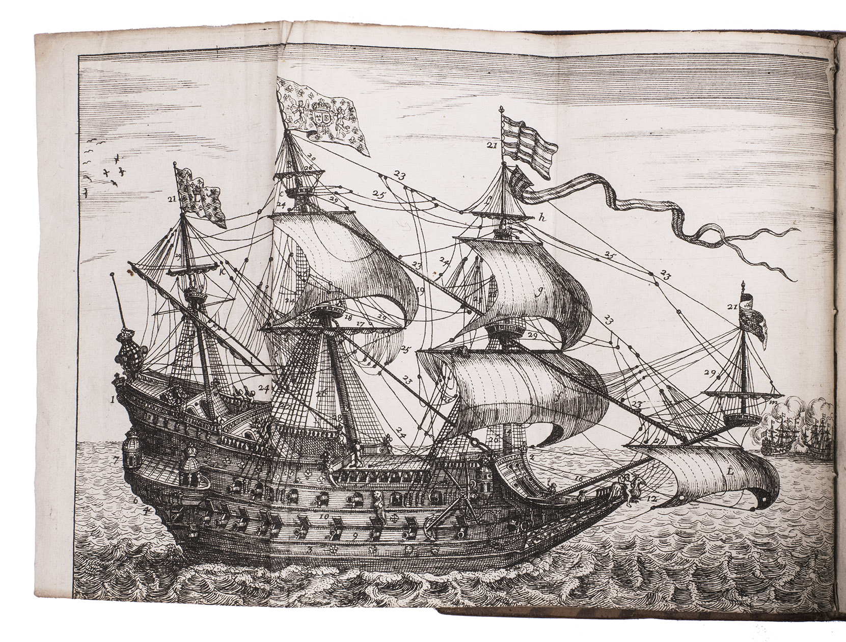 CHARLEVAL, Charles-Franois de. - Navis carmen.Rennes, widow of Mathurnus Denys, 1695. With a folding engraved plate of a 44-gun ship. With: (2) CHARLEVAL, Charles-Franois de. Simius carmen.Rennes, widow of Mathurnus Denys, [ca. 1695]. 2 works in 1 volume. 8vo. Contemporary calf, gold-tooled spine.
